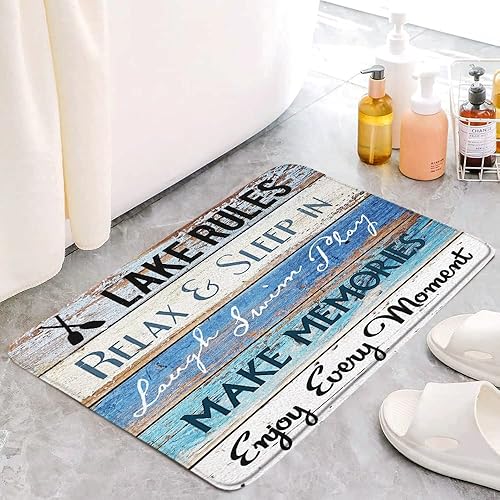 Miniatura 5 de YOZSLGU Tapete de baño rústico con citas inspiradoras en el lago, cabaña, cabaña, tablones retro de madera vintage, campaña, campaña, juegos de