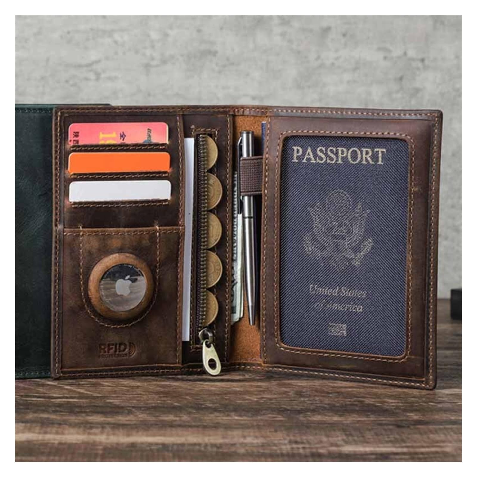 Porta passaporto in pelle da 1 pezzo con custodia: portafoglio da viaggio, tasca anti-smarrimento e carta for uomo e donna(Green)