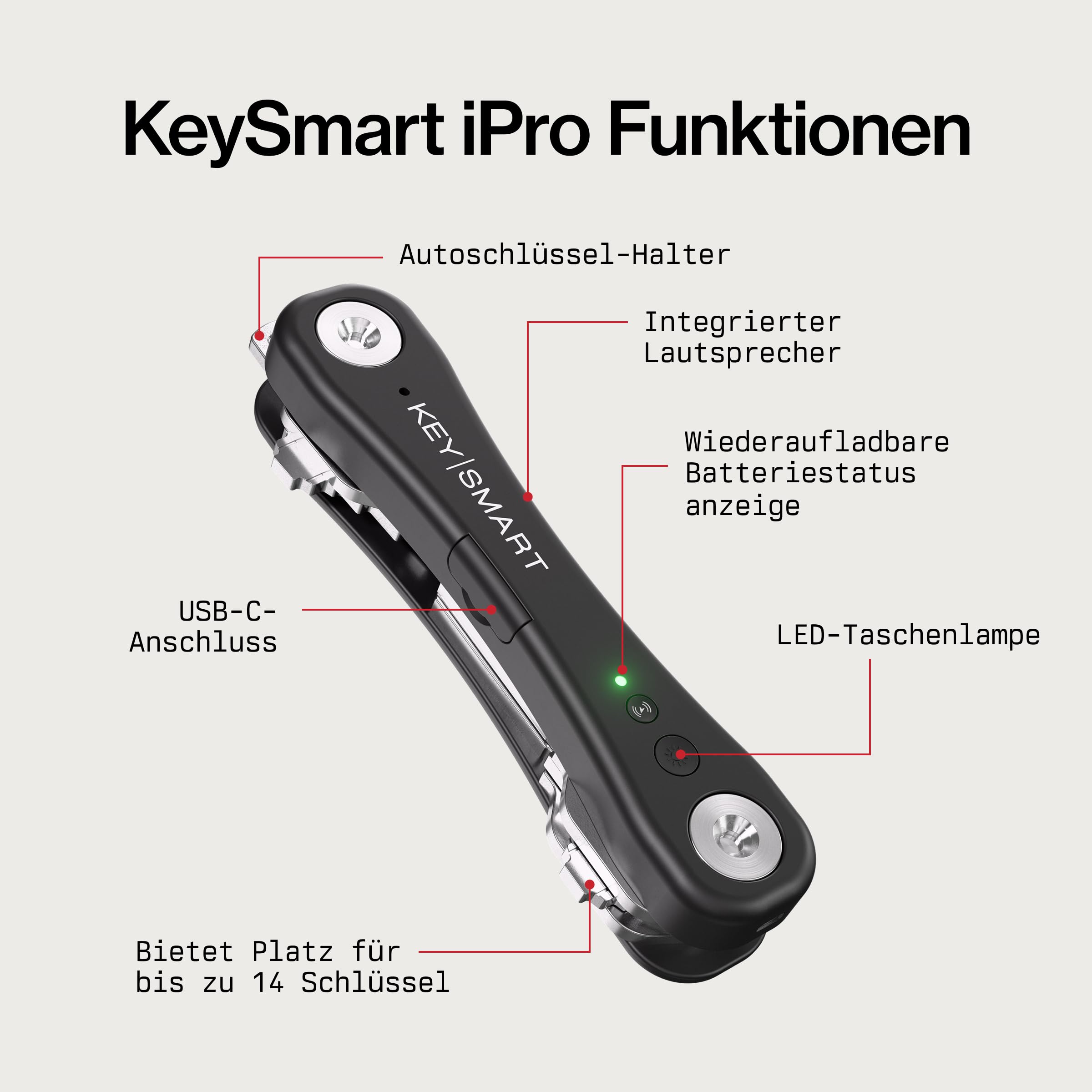 KeySmart iPro (Gen 2) – Schlüsselfinder mit Ton, Schlüsselhalter & Organizer, kompatibel mit Apple „Wo ist?“, kompakt & ordentlich, Tech-Geschenk für Männer,bis 14 Schlüssel, Schwarz