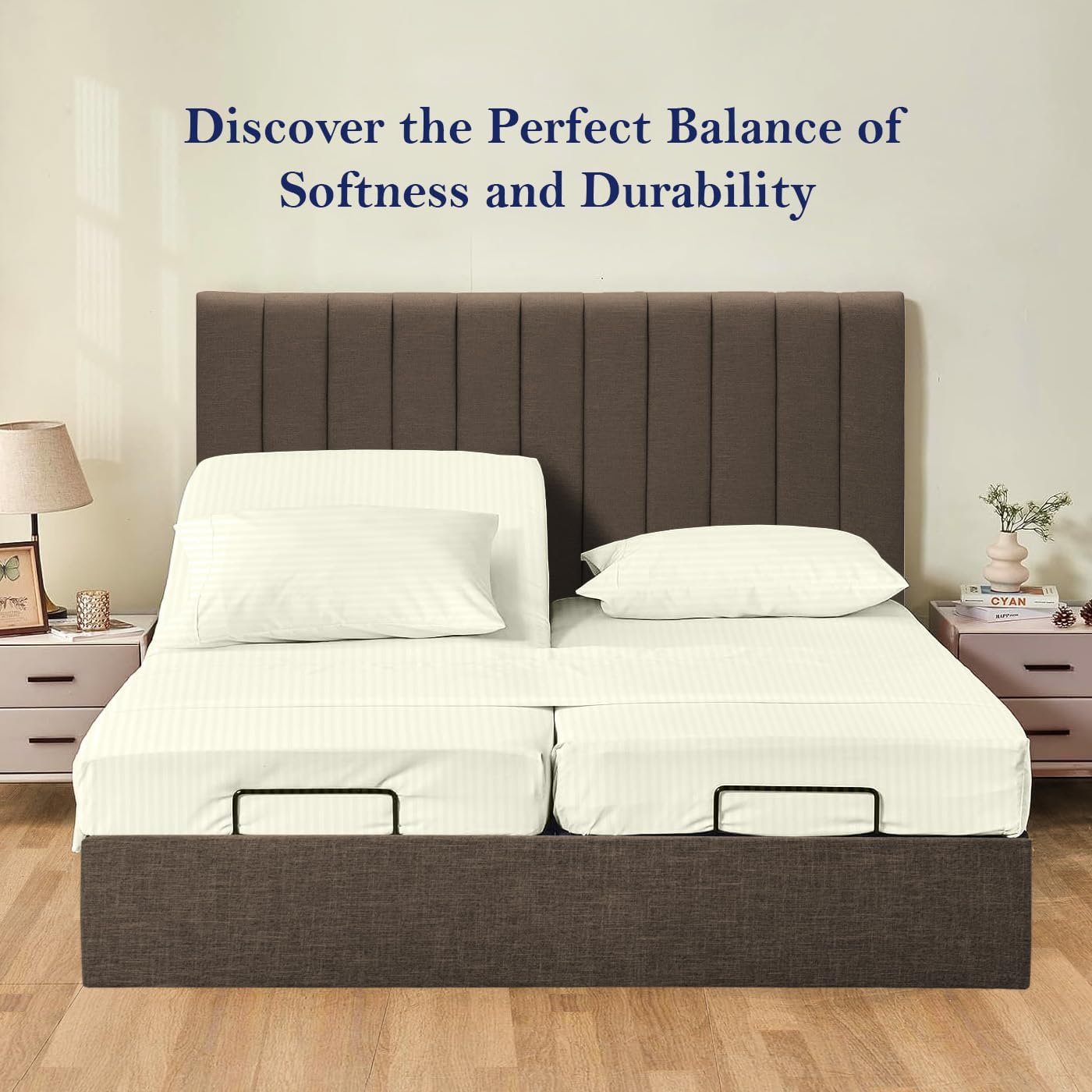 Premium Egyptian Cotton 550-TC, 5-PC Split King Sheet Set – Deep Pocket Fitted Sheets, 13-15" Inch, Split Sheet Set, Ivory Stripe