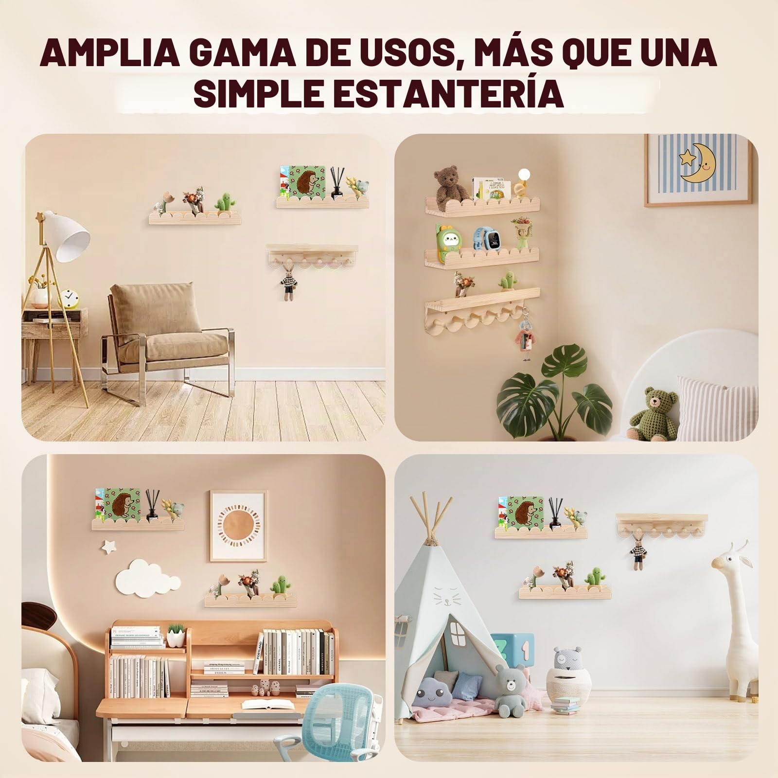 Montessori - Juego de 3 estanterías de pared para niños (40 cm, madera, con ganchos de madera, para sala de juegos, dormitorio, salón, etc.)