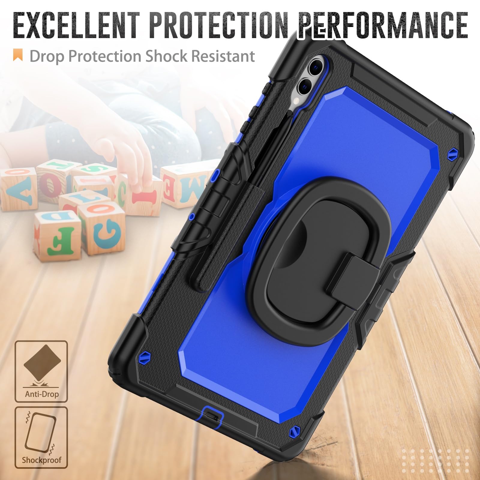 Wytrzymałe, odporne na wstrząsy etui z TPU do Samsung Galaxy Tab S9 Plus 12,4 cala model 2023 (SM-X810/X816/X818) dla dzieci, obracany o 360 stopni uchwyt stojak z osłoną ekranu + pasek na ramię