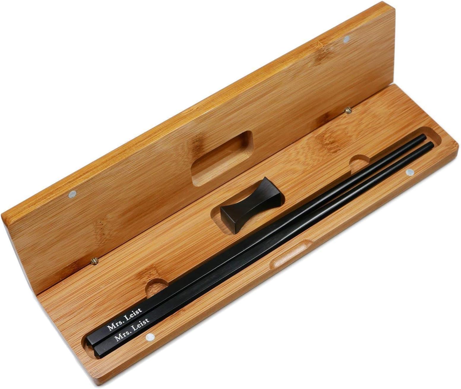 1 Pair Natural Black Ebony Wood Chopsticks Reusable Custom Engraved With Personalized Names in Silver or Gold Color - Square Chinese or Japanese Style Christmas Gift Set With Rest and Bamboo Case