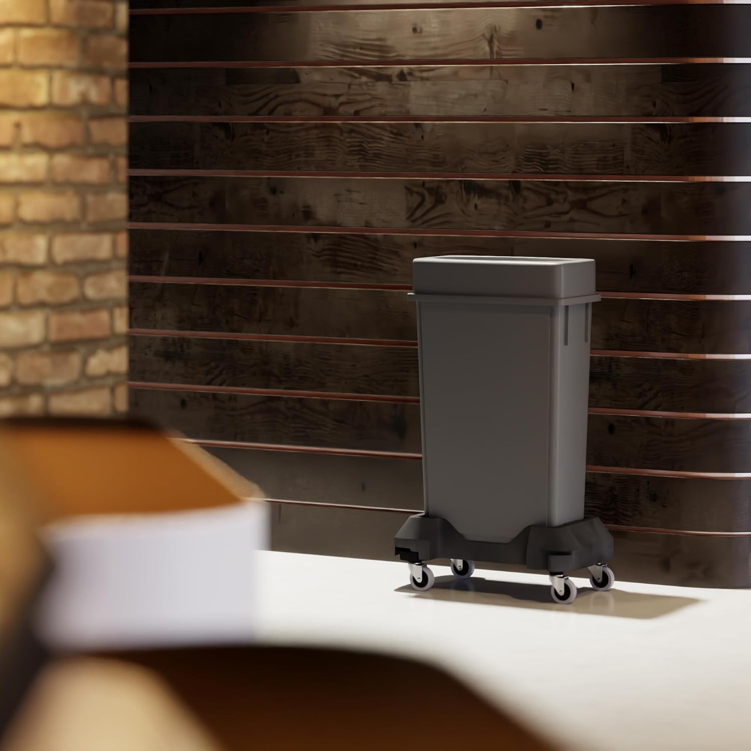 23 Gallon Gray Rectangular Slim Trash Can with Drop Shot Lid and Dolly | Great for Home, Commercial, or Restaurant Use.