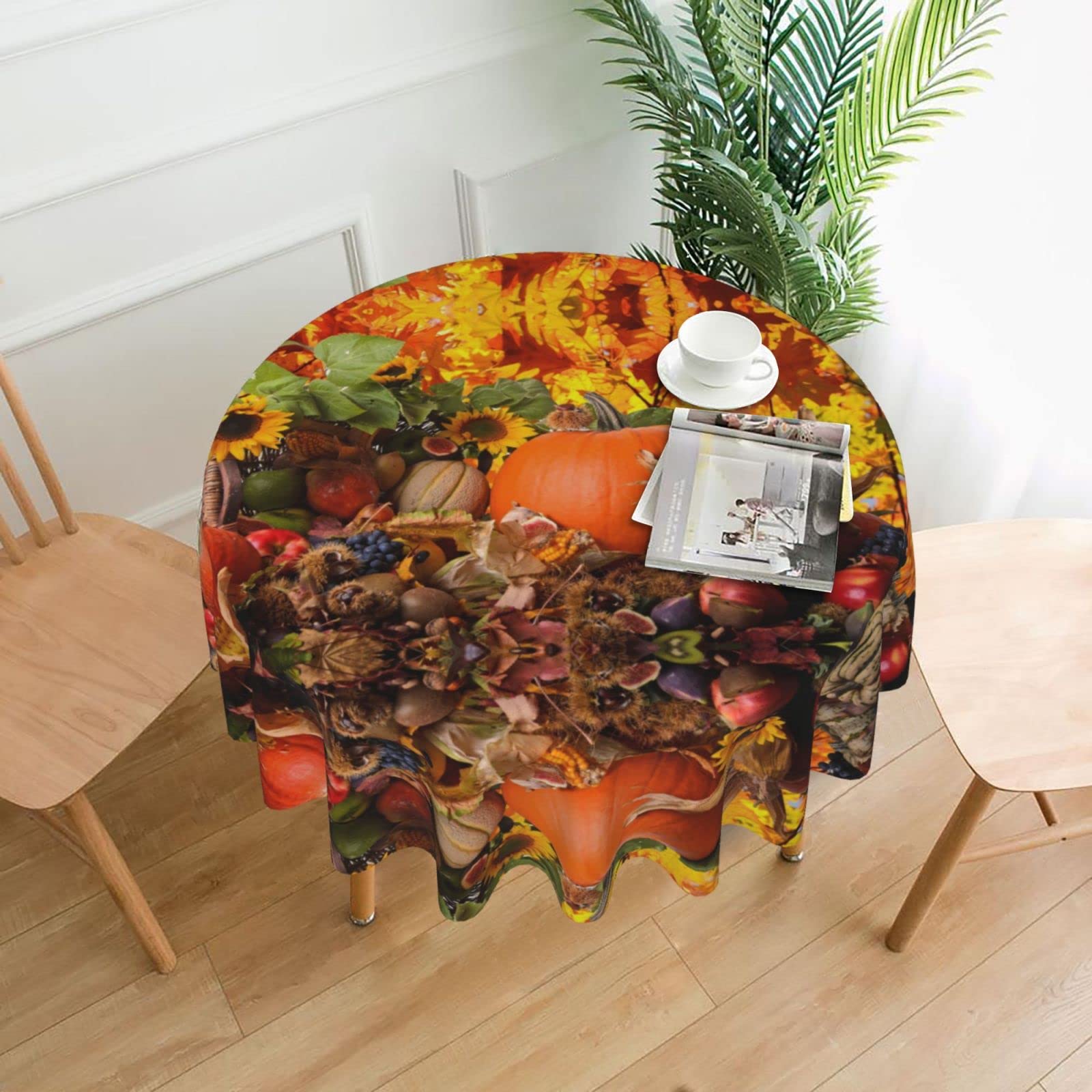 Lawenp Thanksgiving Day Pumpkin Decorative Round Table Cloths - 60 Inches in Diameter for Buffet Tables, Parties, Holiday Dinners.