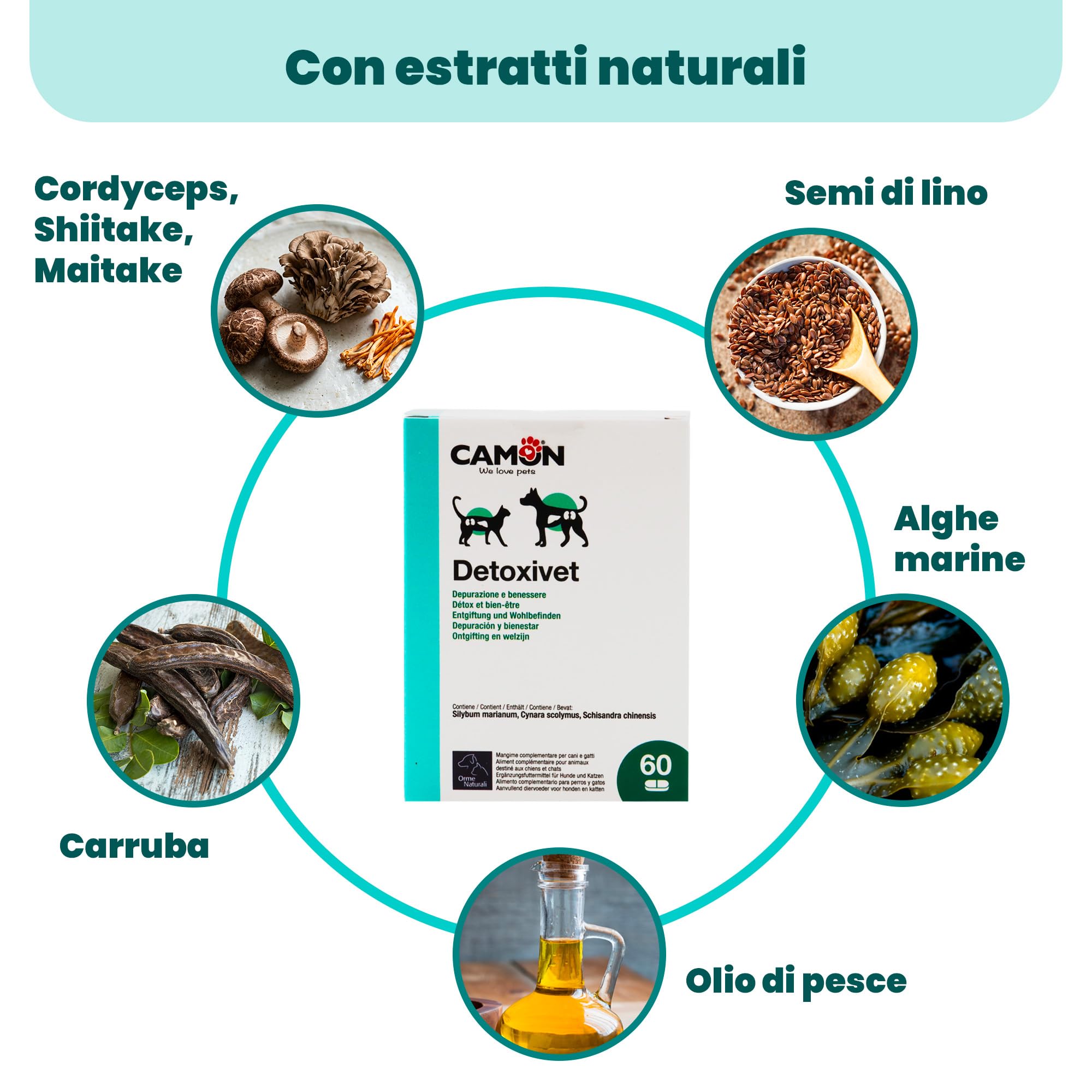 CAMON | Detoxivet Ergänzungsfuttermittel für Hunde und Katzen, entschlackende und entgiftende Wirkung, reguliert die Darm- und Nierenfunktion, 60 Tabletten à 1 g