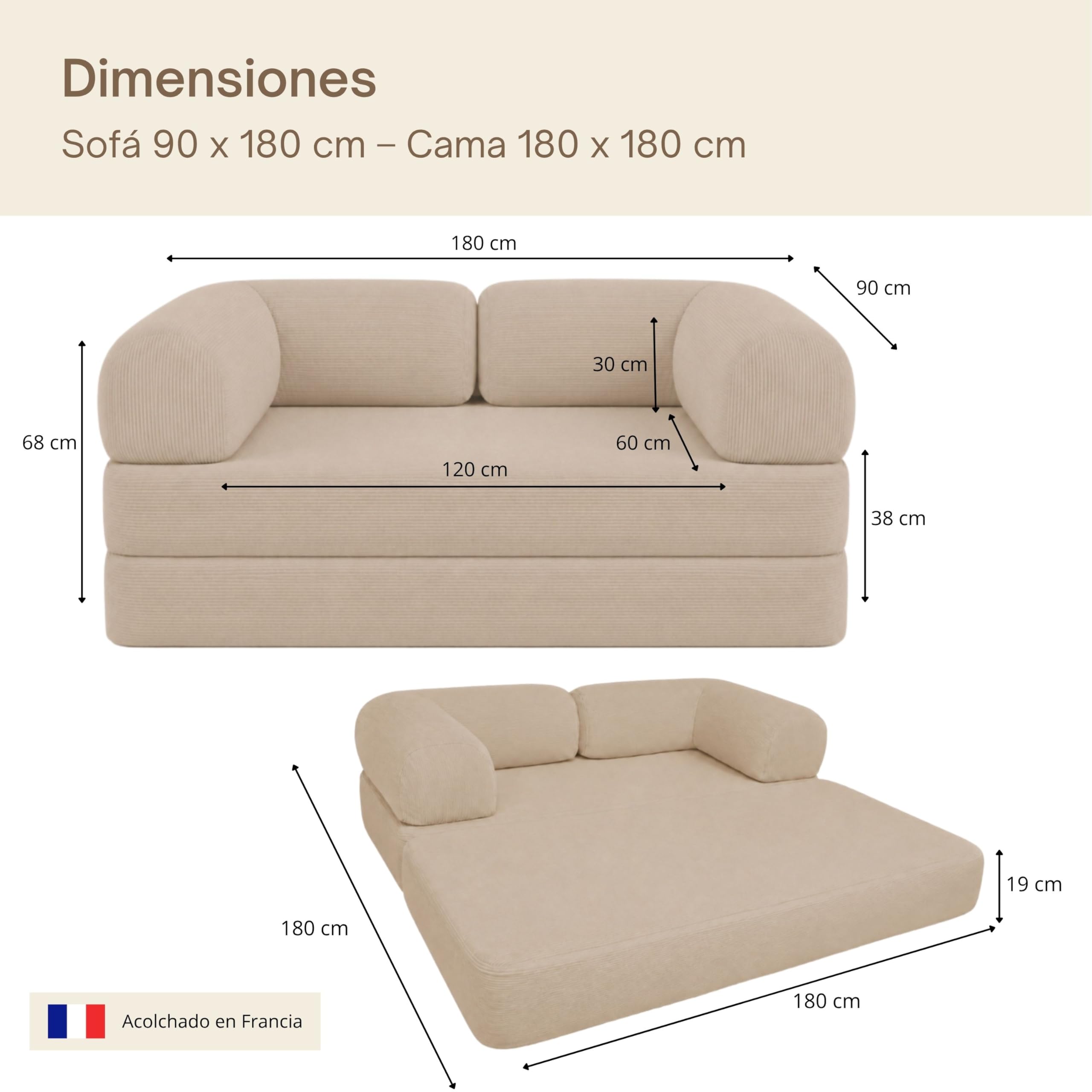 bananair - Sofá Cama de 2 Plazas Fabricado en Francia - Sofá Modular de Espuma de Alta Densidad y Tejido de Pana - Diseño Innovador Boneless, Enviado Comprimido (Beige)