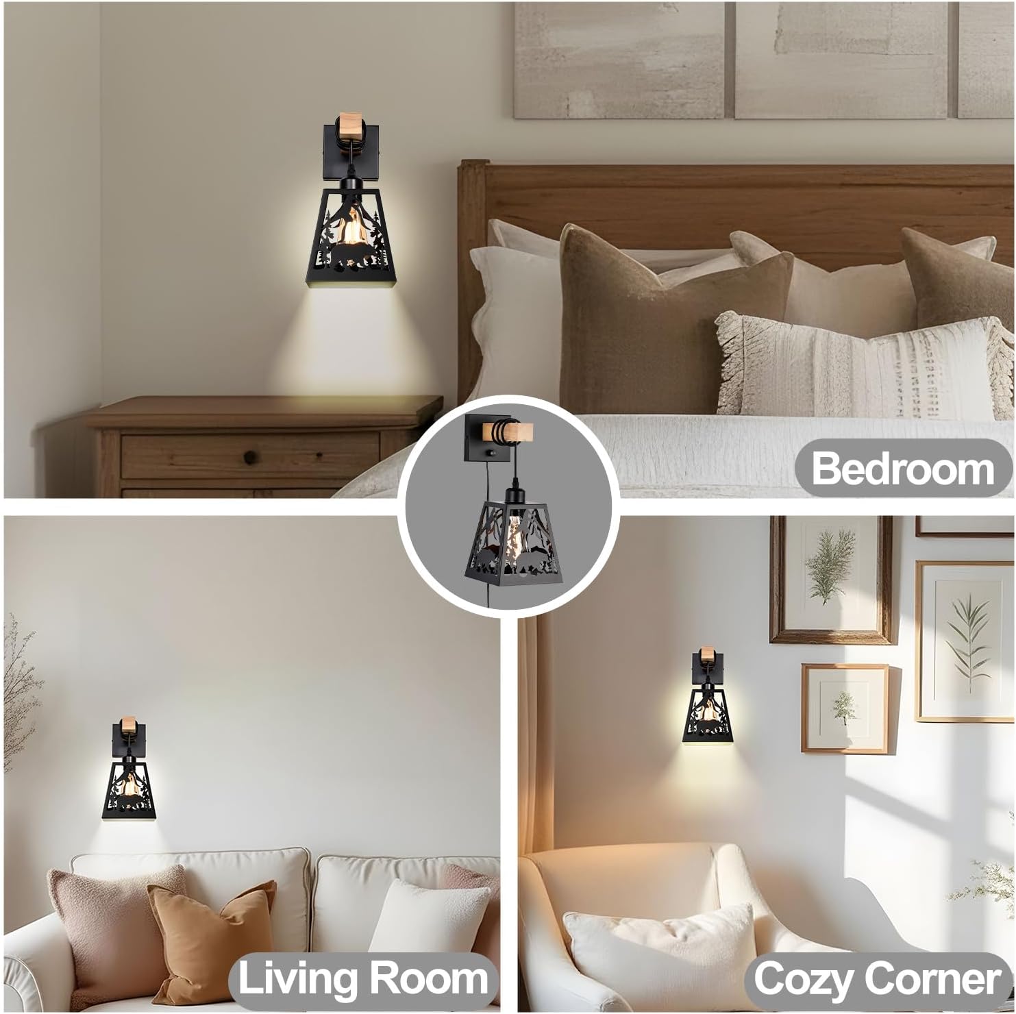 Plug in Wall Light,Rustic Bear Dimmable Wall Sconce,Farmhouse Matte Black Wall Sconces Set of Two,Wooden Metal Wall Mounted Lamp,Industrial Wall Lights for Bedroom,Living Room,Bedside,Hallway