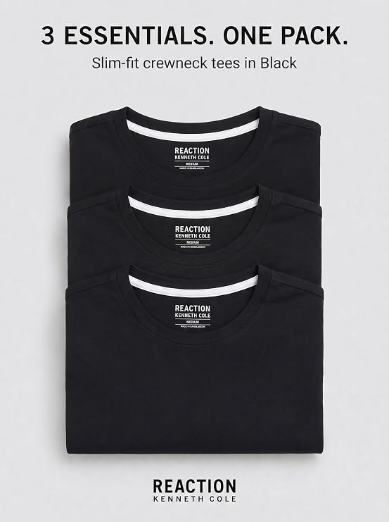 Kenneth Cole REACTION Mens T-Shirt Pack of 3 | UPF 50+ Cotton/Spandex Jersey Slim Fit White T Shirts for Men Pack