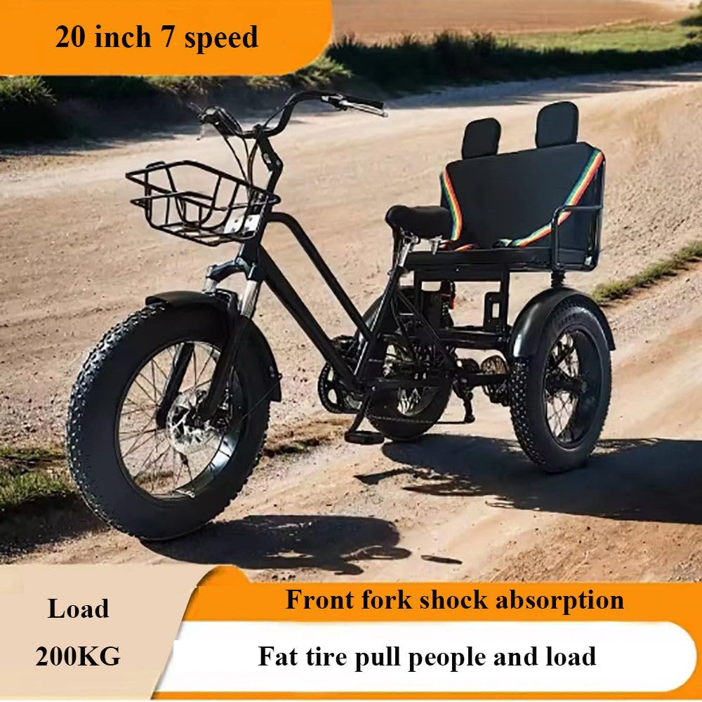 Rower trójkołowy z oponami fatbike 20", dla dorosłych, z siedzeniem pasażera, wysoka nośność, komfort jazdy, dla seniorów o wzroście 170-185 cm