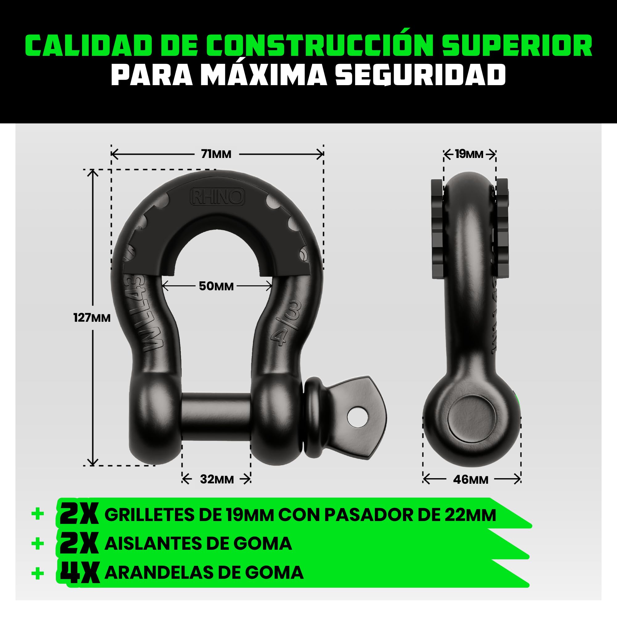 Rhino USA D-Ring Grilletes (2 Piezas) - Resistencia a la Rotura de 18.983 kg – Horquilla 1,9 cm con Pasador de 2,2 cm para Remolque y Uso 4X4 – Pares con Correa de Recuperación para Vehículos (Negro)