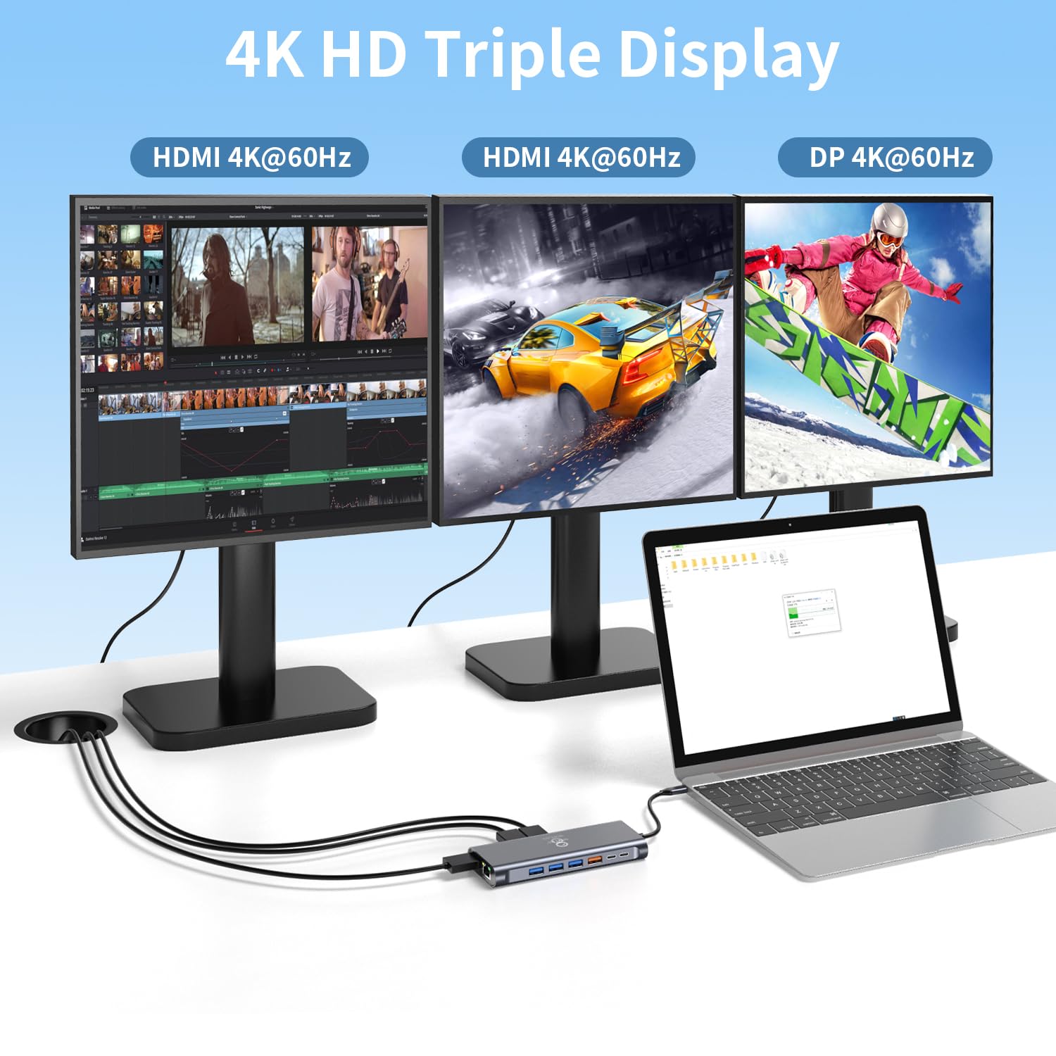 Stacja dokująca USB C, podwójny monitor, stacja dokująca do laptopa 14 w 1, 3 monitory z 2 HDMI 4K, Displayport, Ethernet, USB C/A 3.1, 100 W PD, SD/TF, 3.5 Audio/mikrofon