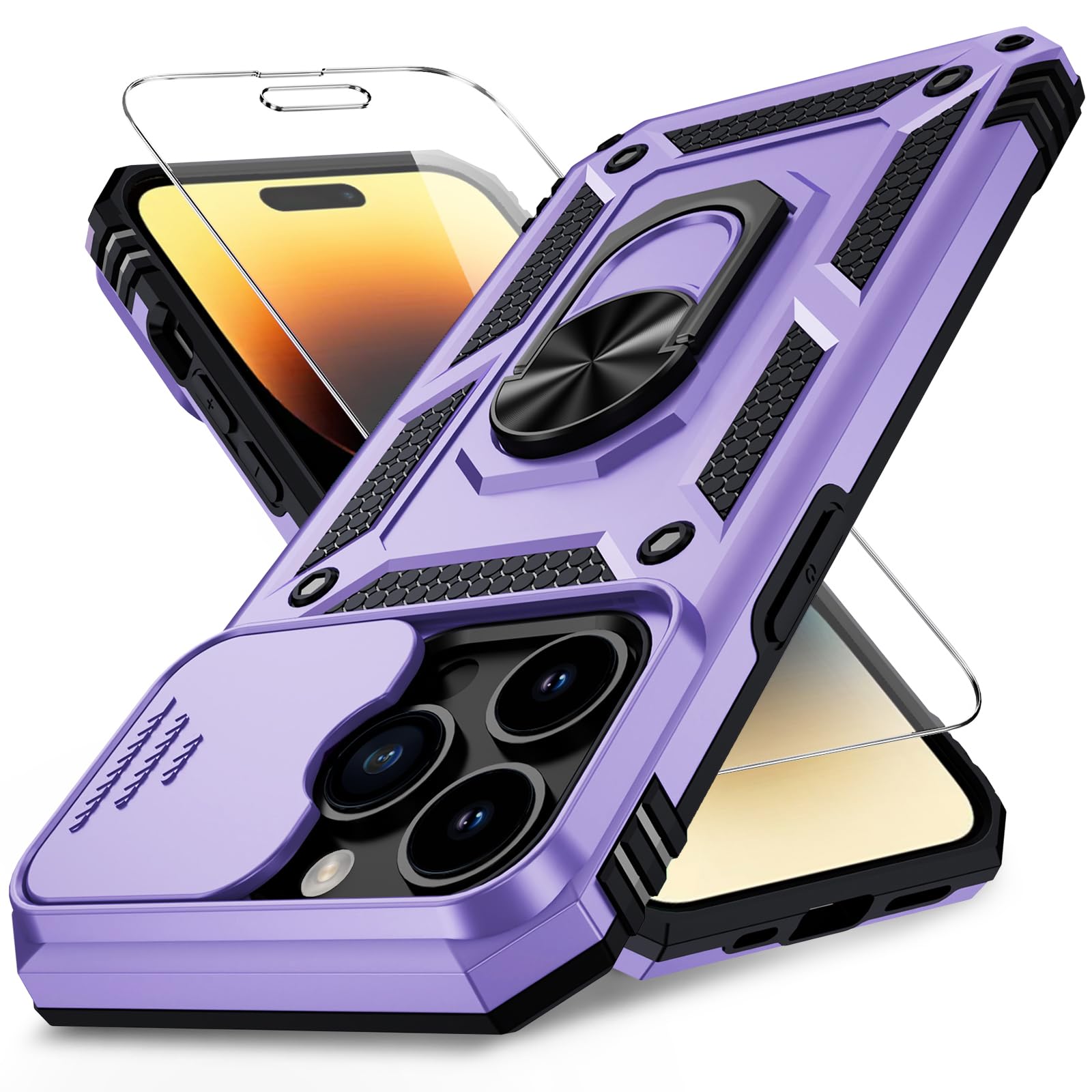 Vinve for iPhone 14 Pro Max Case with Slide Lens Cover HD Screen Protector, Military Grade Drop Protection, Magnetic Rotated Ring Holder Kickstand