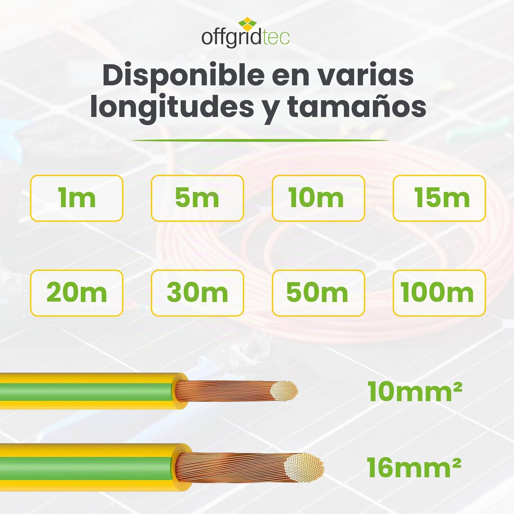Offgridtec H07V-K - Cable de conexión a tierra (10 mm², 450/750 V, conductor de cobre fino, aislamiento XLPO y PVC, certificado HAR, instalación fija, alta flexibilidad (verde/amarillo, 15 m)