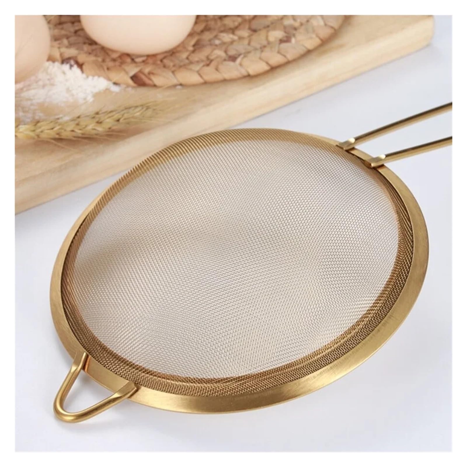 Colador 1 colador de acero inoxidable for cocina, panadería, colador dorado con gancho for aceite, leche, jugo, arroz, filtro de harina.(L)