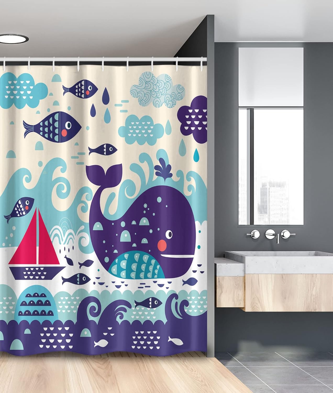Ambesonne Purple Stall Shower Curtain, Marine Traffic with Whale Sailboat and Fish with Cloud and Waves Nautical Life Print, Fabric Bathroom Decor Set with Hooks, 54" W x 78" L, Purple