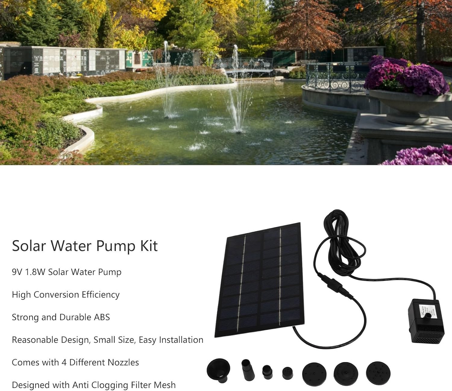 High Stability Solar Water Solar Kit, Solar Pond Pump Pump Kit 9V 1.8W Anti Clogging Mesh Solar Pond Pump for Bird Baths, Easy Mounting