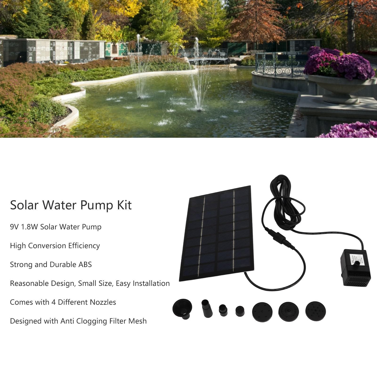 Fontanna Solarna, Zewnętrzna Solarna Pompa Wodna 1,8 W, łatwa W Montażu Fontanna Solarna z Panelem, 4 Dyszami i siatką filtracyjną zapobiegającą Zatykaniu do Kąpieli Ptaków, Stawów