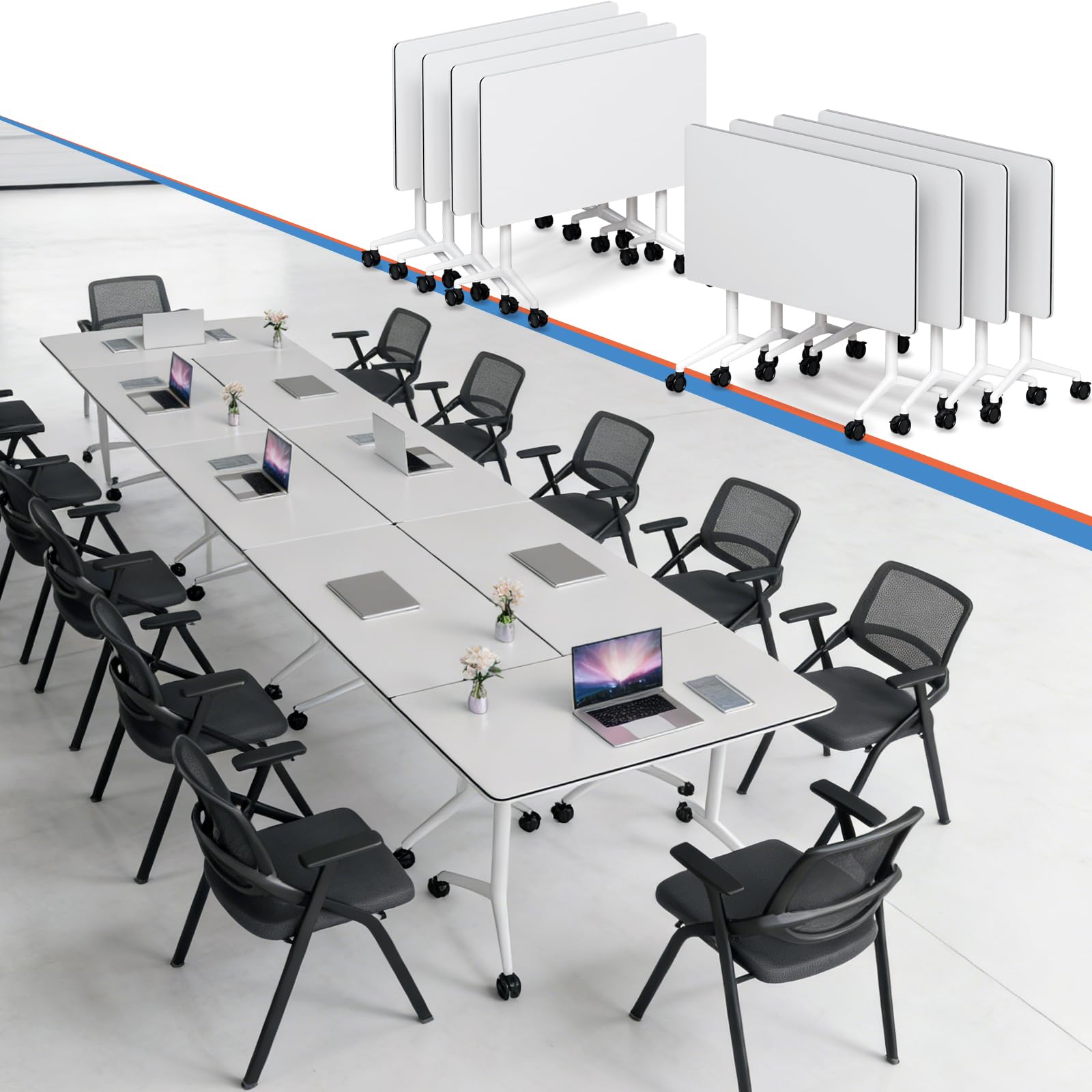Ptosziav Folding Conference Table, Modular Foldable Conference Room Tables with Wheels,Mobile Large Flip Top Training Nesting Meeting Tables for