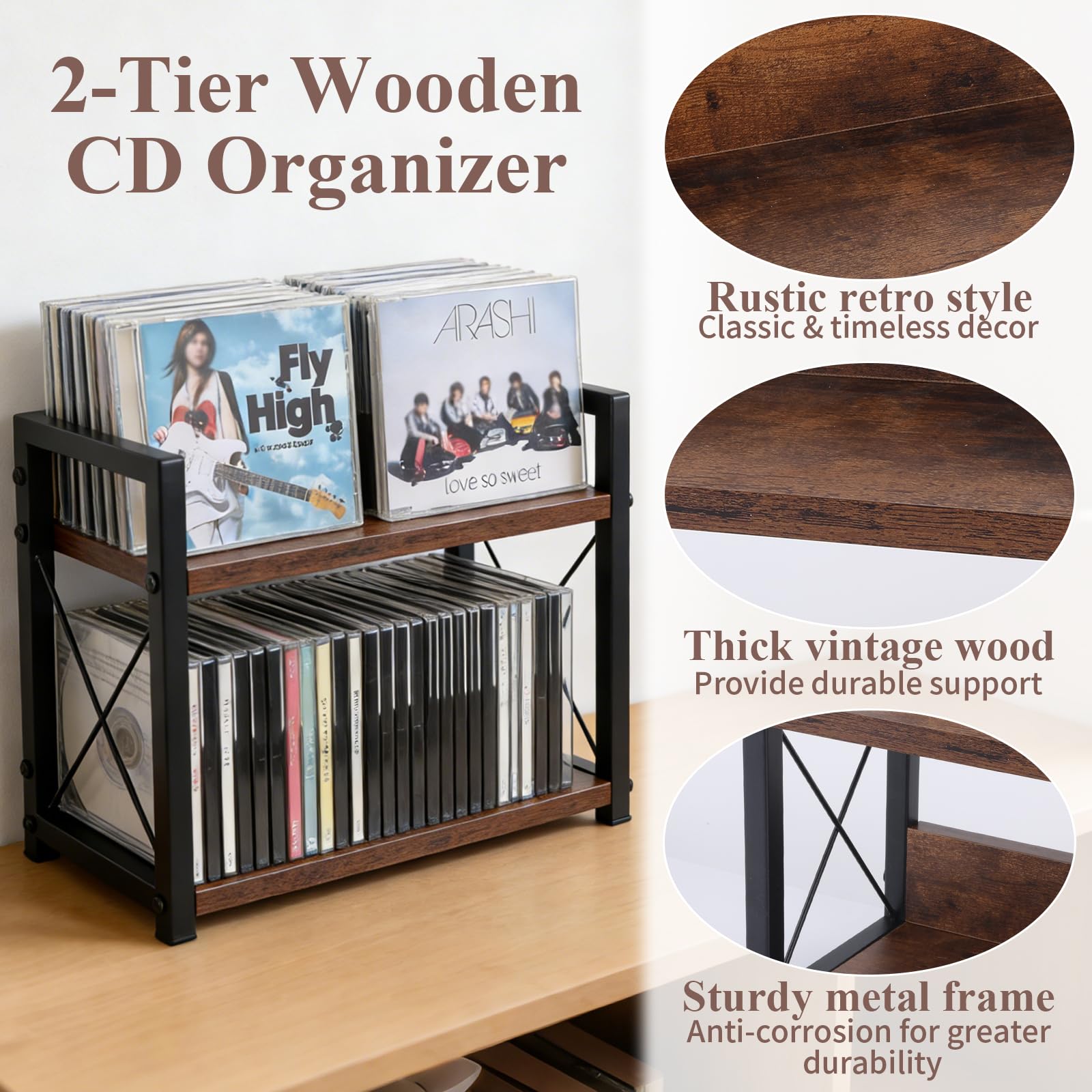 Estante de almacenamiento de CD de 2 niveles para encimera de exhibición de DVD de madera con estante superior de exhibición para el hogar, oficina, sala de estar, cocina, entusiastas de la música