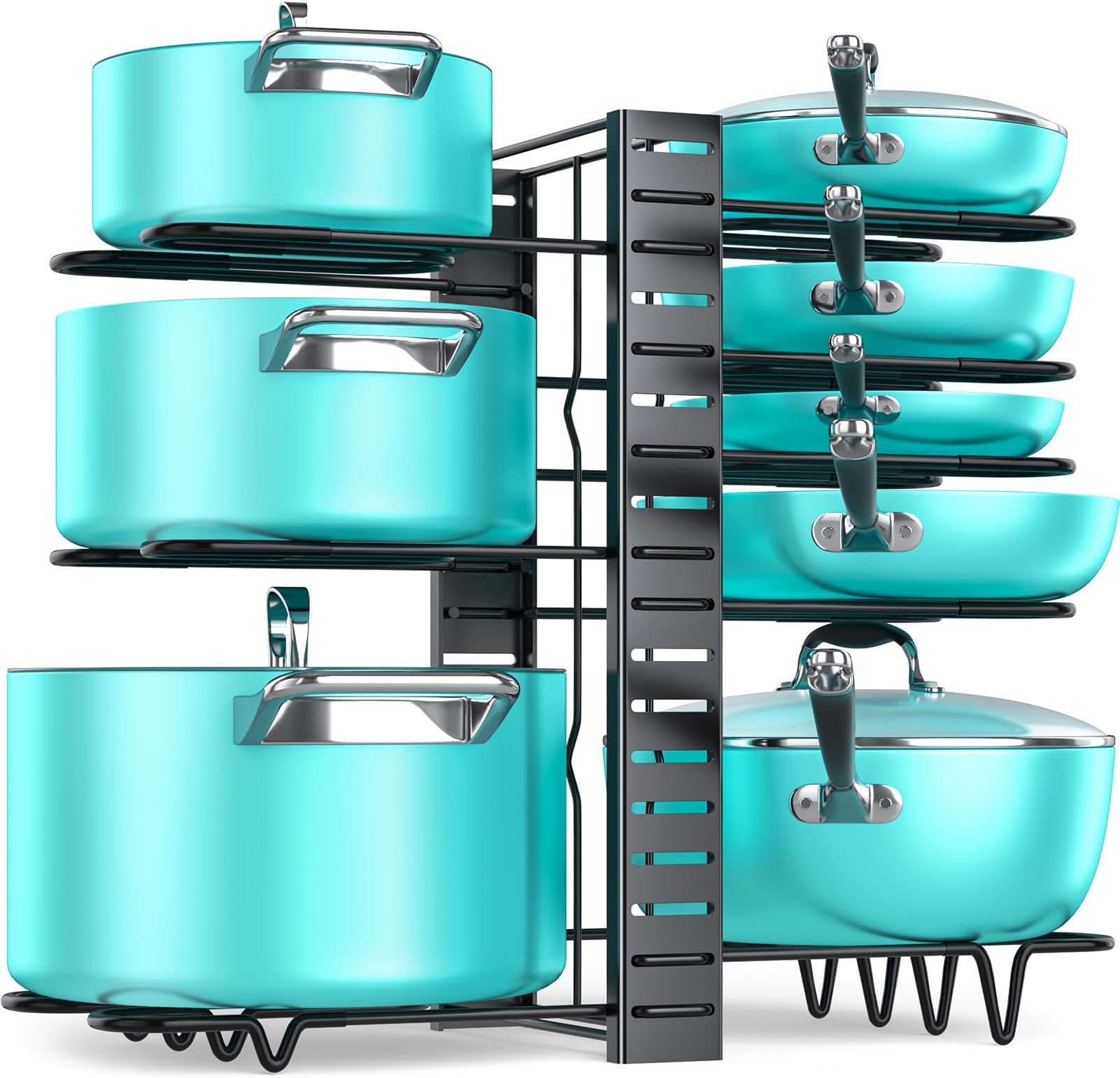 Pots and Pans Organizer Rack under Cabinet 16.61 Height, 8 Tiers Adjustable Pot Pan Rack with 3 DIY Methods, Pot Lid holder for Kitchen Cabinet Organizers and Storage