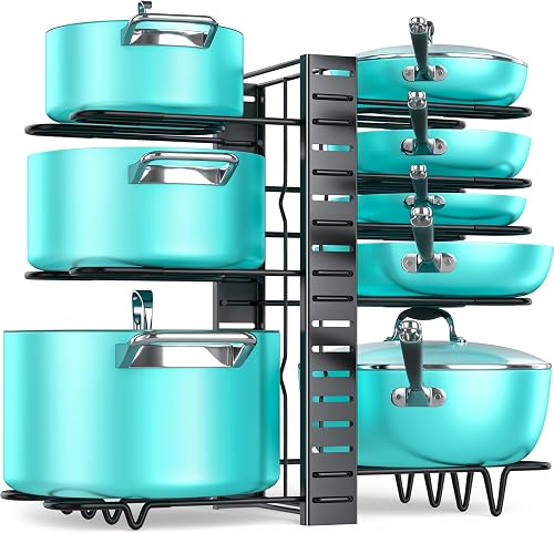 MUDEELA Pots and Pans Organizer Rack under Cabinet with 3 DIY Methods, Adjustable Pot Pan Rack with 8 Tiers for Kitchen Cabinet Organizers and Storage