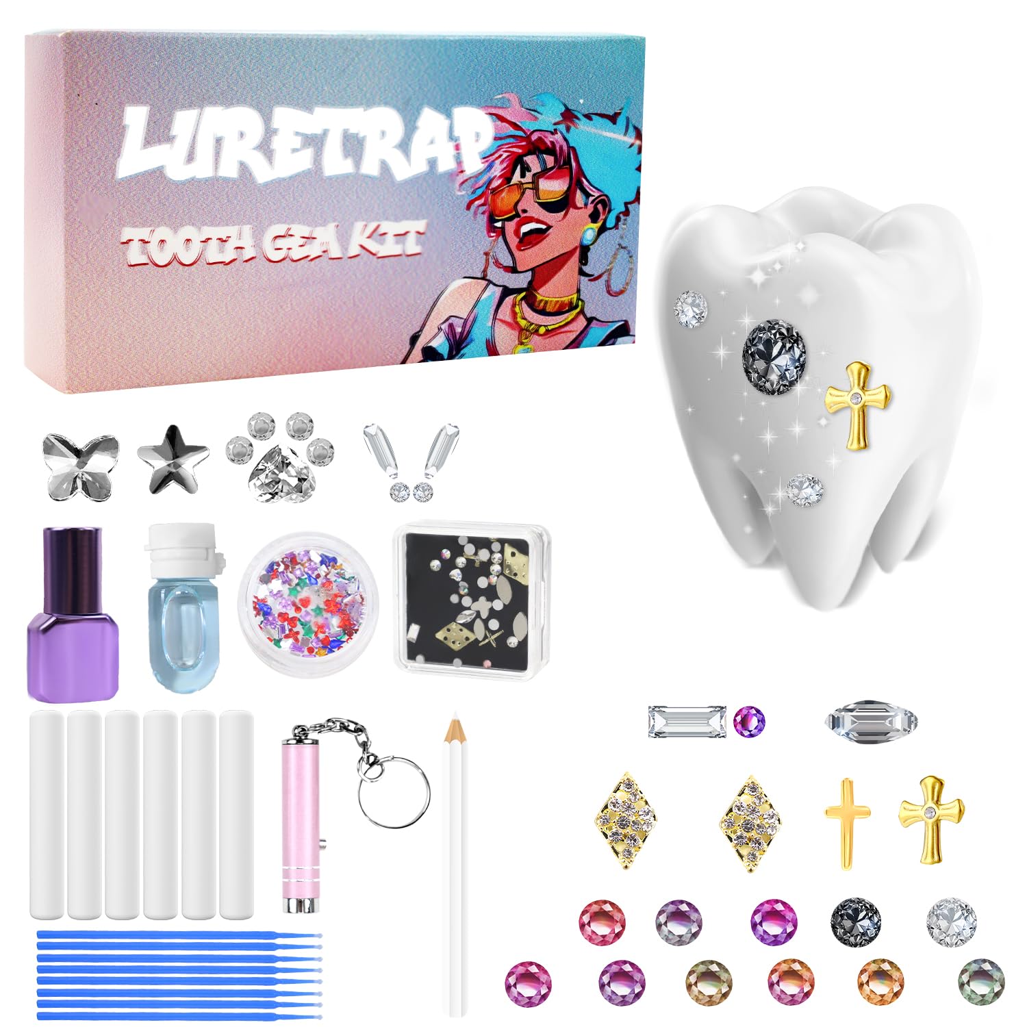 Jaxbo Tooth Gem Kit with 200 Pcs Multi-Size & Shape Diamonds, Professional Tooth Jewelry Kit, Teeth Gems for DIY Smile Sparkle, Parties, Festivals, Halloween, Christmas, for Women Men