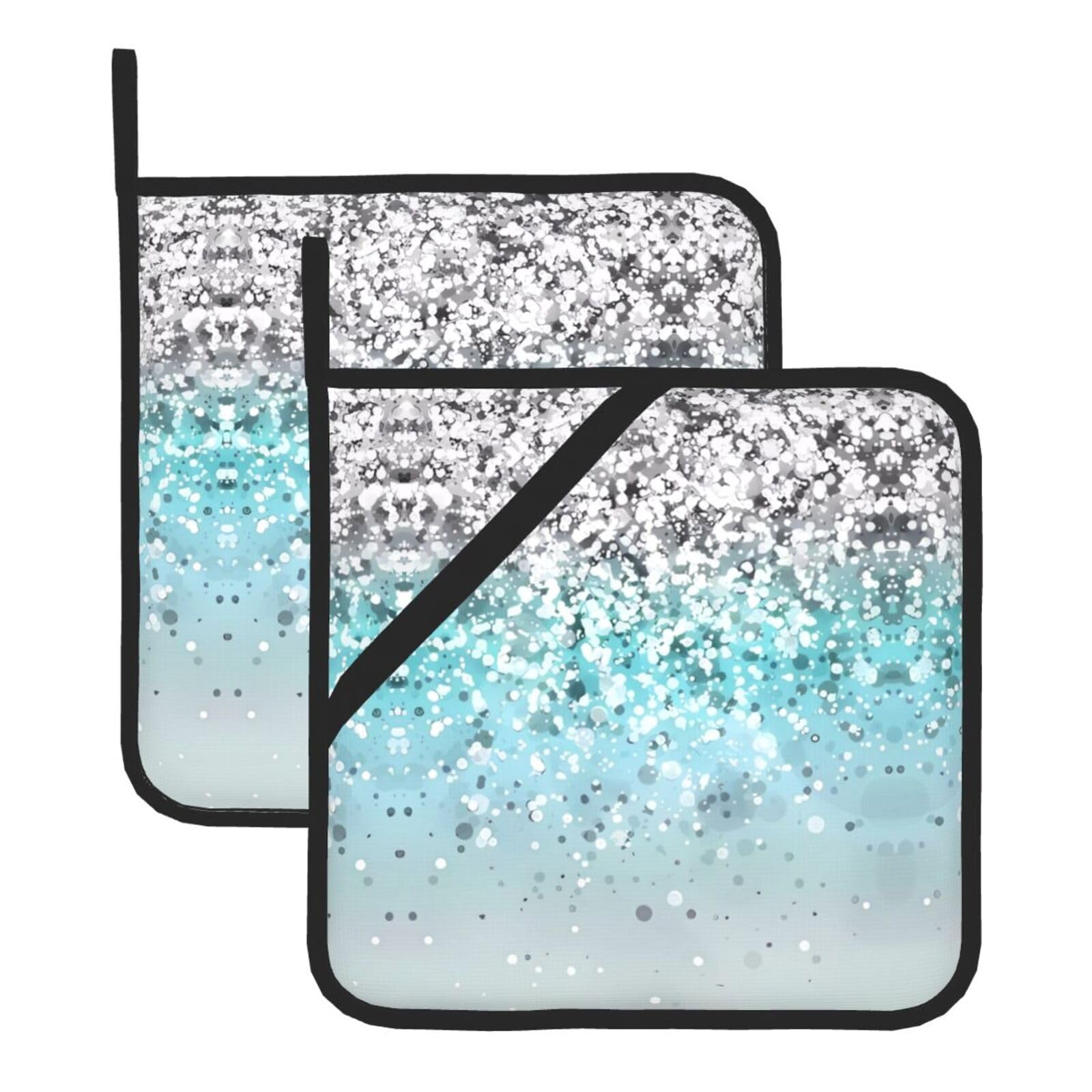 WHJDPP glittered blue background Prints Square Hot Pads for Kitchen - Waterproof Pot Holders Set of 2, Durable Trivets with Pocket & Hanging Loop for Hot Dishes & Oven Use