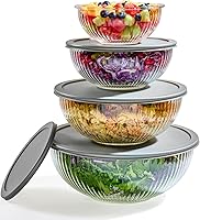 LERAZE 8pc Ribbed Glass Mixing Bowls with Leakproof Airtight Lids - BPA-Free Stackable Meal Prep Containers, Microwave Freezer Oven Safe