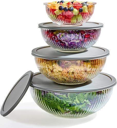 Tazones para mezclar de vidrio acanalado de 8 piezas con tapas herméticas a prueba de fugas, sin BPA, apilables, ahorro de espacio, almacenamiento