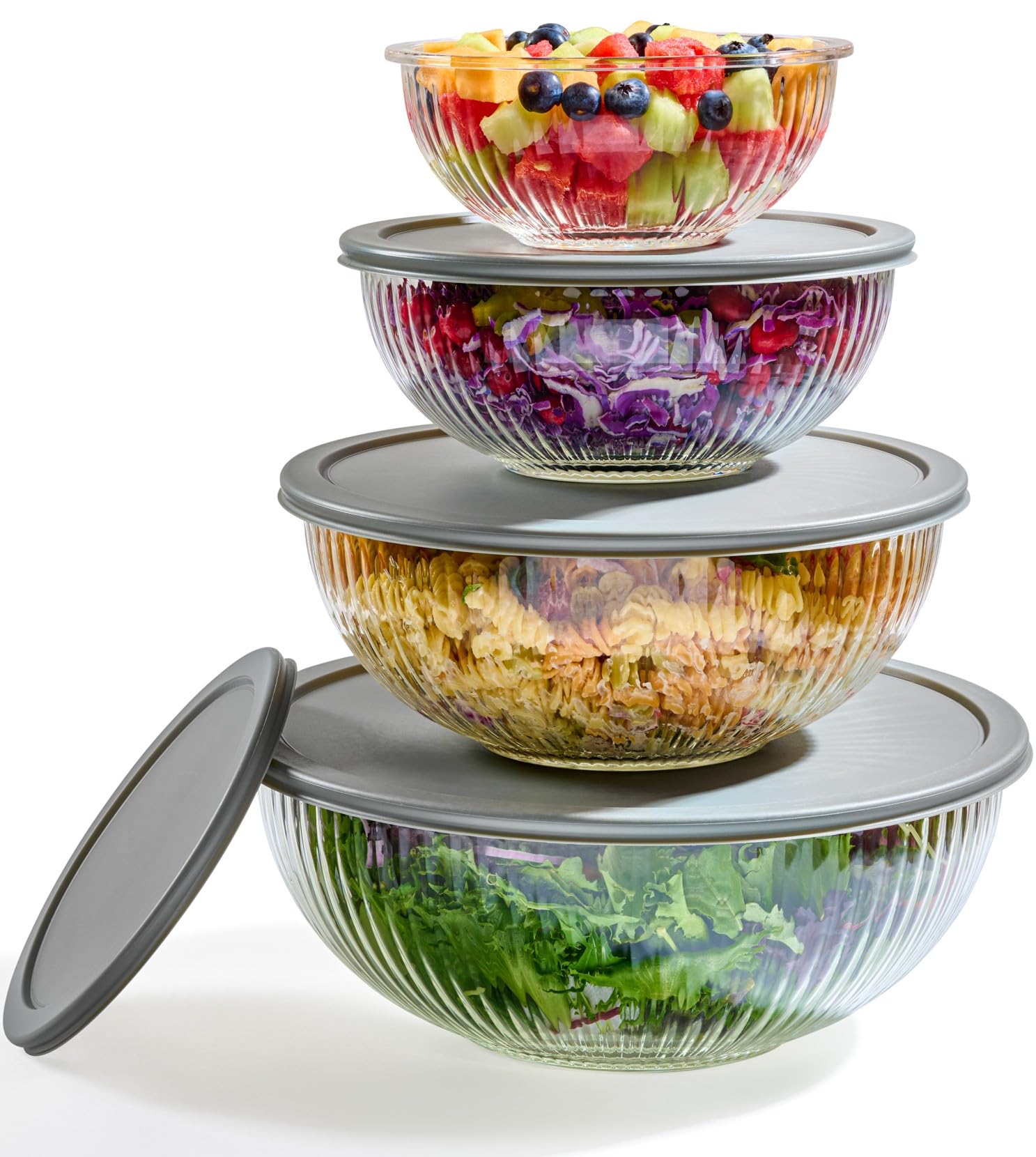 Photo 1 of 8pc Ribbed Glass Mixing Bowls with Leakproof Airtight Lids - BPA-Free Meal Prep Stackable Space Saving Nesting, Kitchen Baking Food Storage & Serving Containers - Microwave, Freezer, Dishwasher Safe. missing 1 bowl 