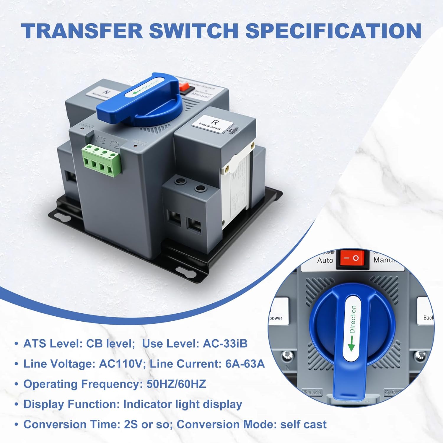 110V Dual Power Automatic Transfer Switch, 2P 63A CE Certified ATS Generator Changeover Switch 50Hz/60Hz - Image 2