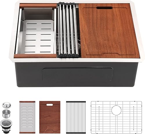 Miniatura 55 de Lordear Fregadero de cocina de montaje inferior de 23 pulgadas, estación de trabajo, fregadero de cocina de acero inoxidable calibre 16, cuenco