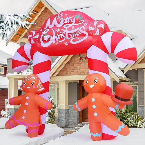 Miniatura 5 de GOOSH Arco inflable de Navidad de 9.6 pies para decoración al aire libre, bonito arco de bastón de caramelo con pareja de pan de jengibre con LED