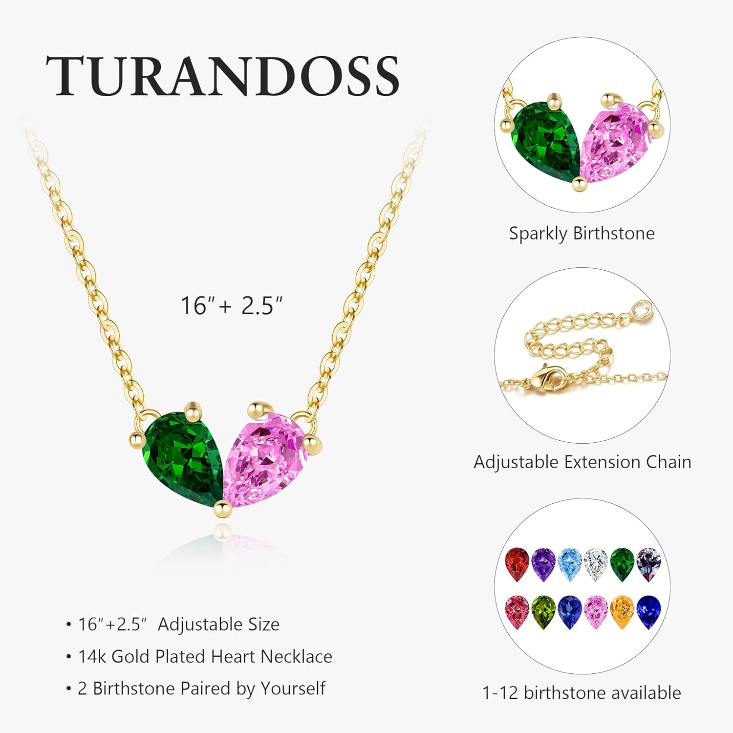 Turandoss Double Birthstone Necklace - 14K Dainty Gold Plated Necklaces for Women, Birthstone Necklace for Women Girls Kids Jewelry Christmas Gifts for Teens