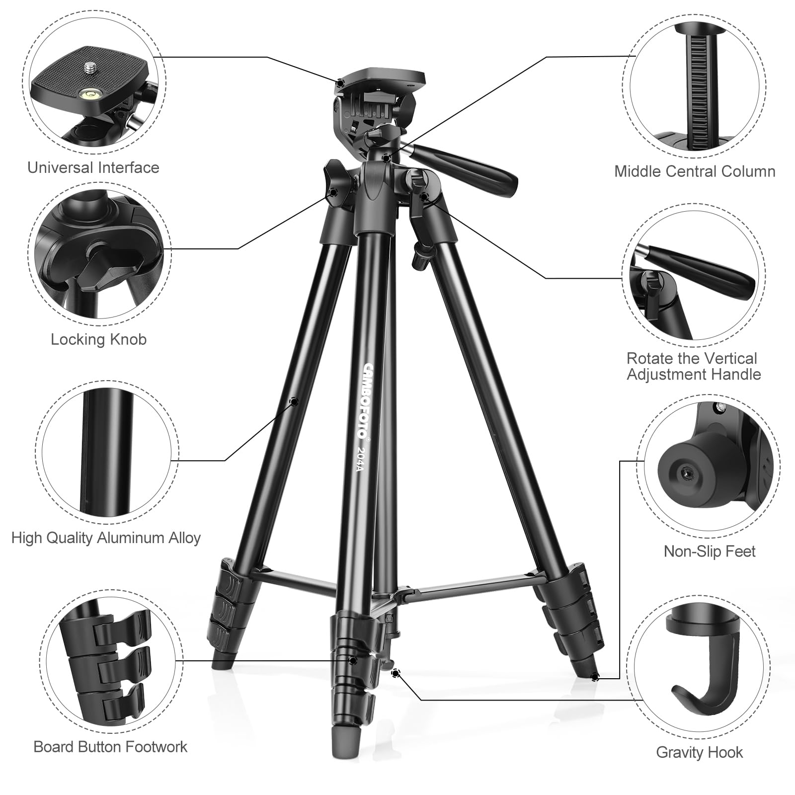 CAMBOFOTO Trépied Léger de 135 cm pour Téléphone, avec Support de Téléphone, Compatible avec iPhone et Autres Smartphones Android, Les Reflex Numériques et Les Cameras sans Miroir