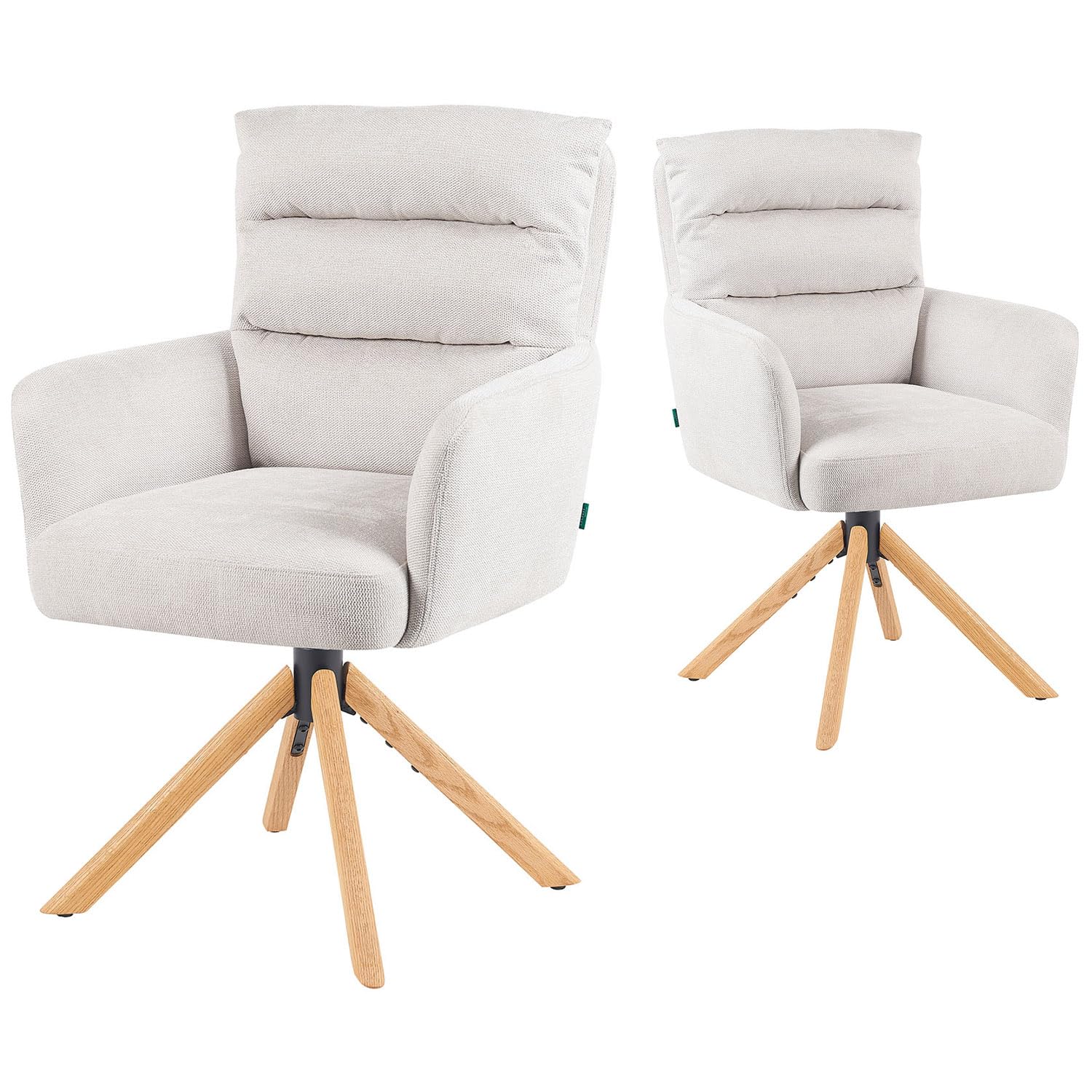 DUBI Möbel Esszimmerstühle 2er Set 360° drehbar mit Rückstellfunktion, Taschenfederkern, hoher Sitzkomfort, bis 150 kg belastbar, Stoff Creme, Eiche Massivholzgestell geölt (Natur), Mika-Jule