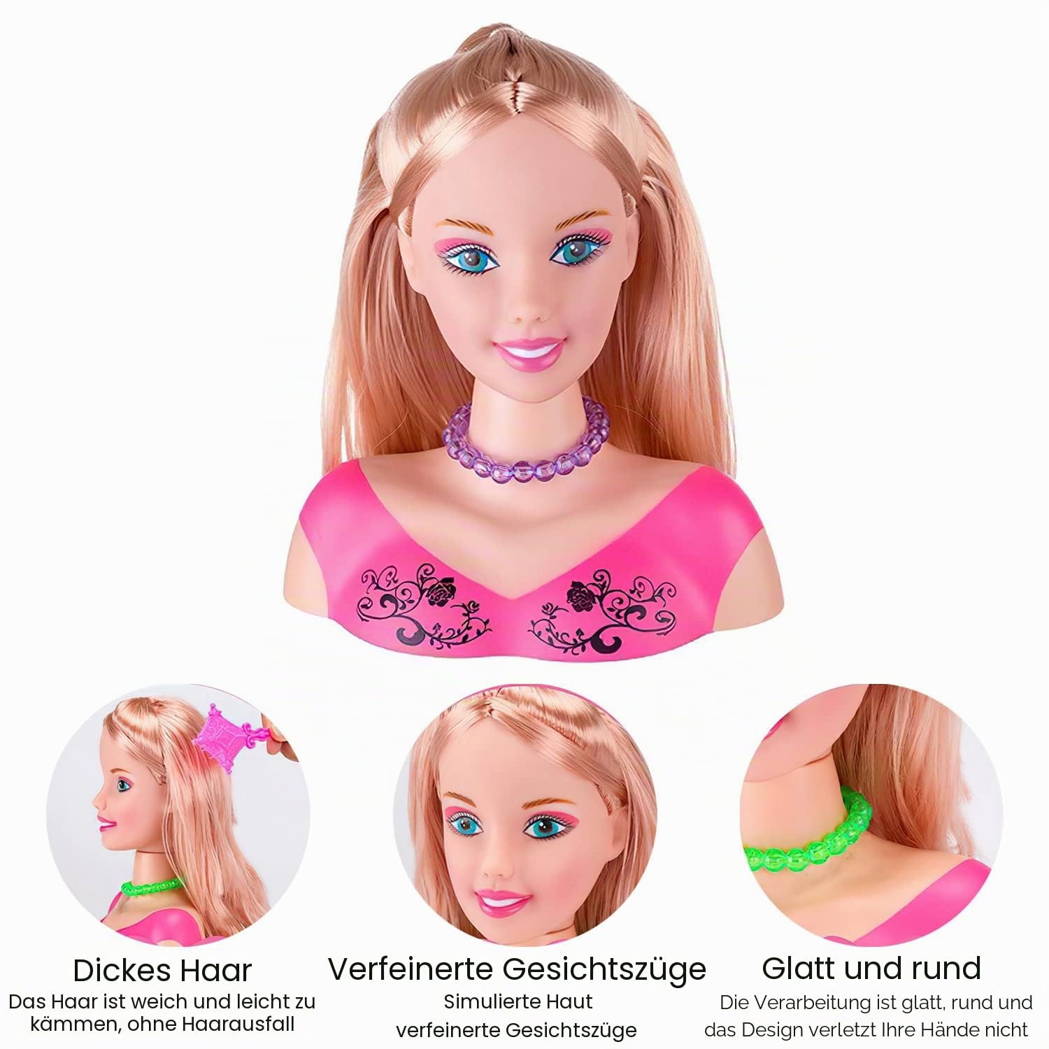 Frisierkopf, 35 Stück Kopf zum Frisieren und Schminken, Spielzeug für Mädchen für 1 9 Jahre, Puppe Styling Head Hairdressing (Rosa), Tete a coiffer