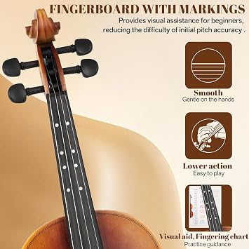 Kmise Violin 4/4 Full Set, Fingerboard Fret Markings Violins, Matte Acoustic Fiddle for Adults, Beginners, Students with Violin Case, Rosin, Strings, Bow, Shoulder Rest, Beginner's Guide (Matte, 4/4)