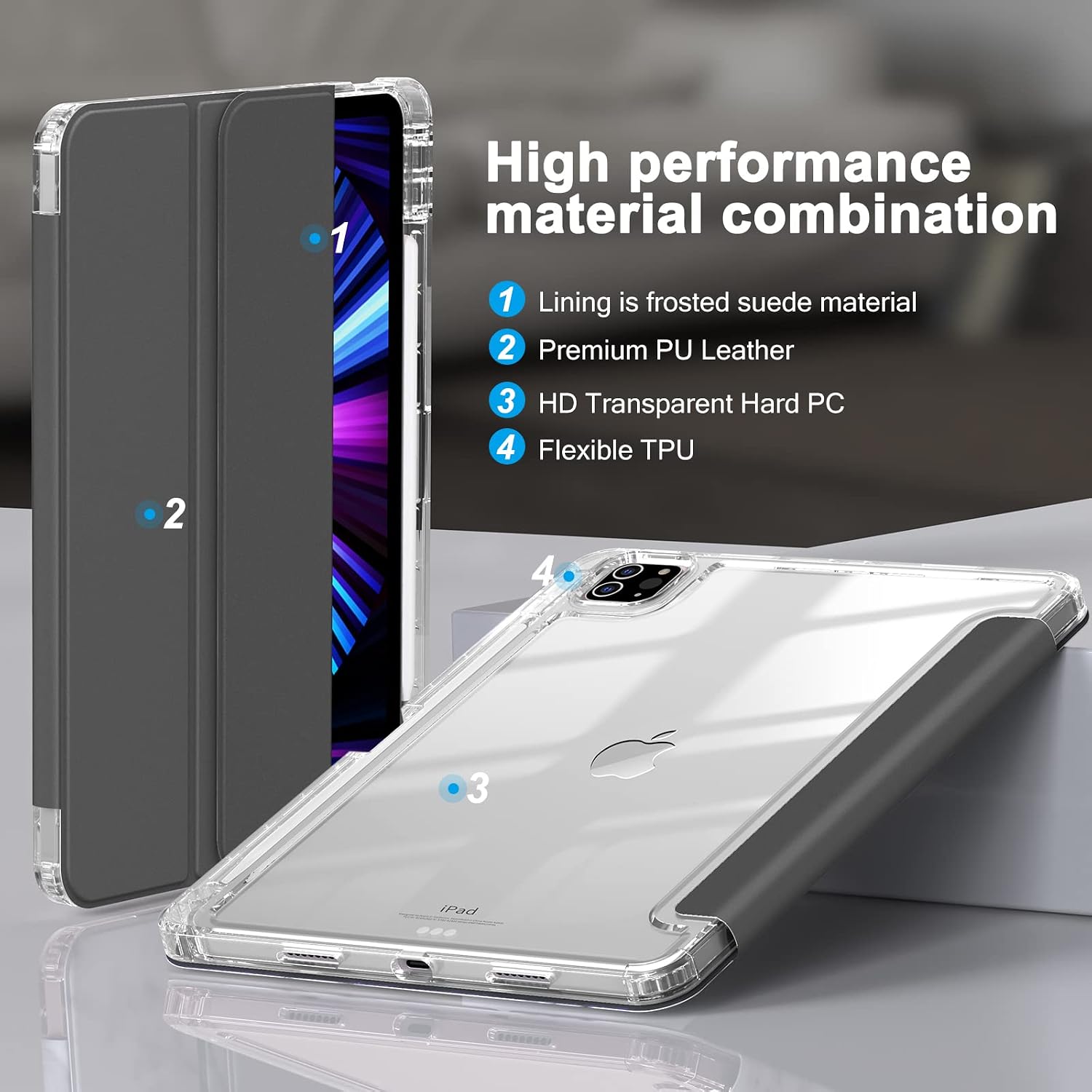 INFILAND Compatible with iPad Pro 11 inch Case (4th,3rd,2nd &1st Gen) 2022/2021/2020/2018, Crystal Clear Both Back & Frame [Anti-Yellowing] + Pencil Holder, Space Gray