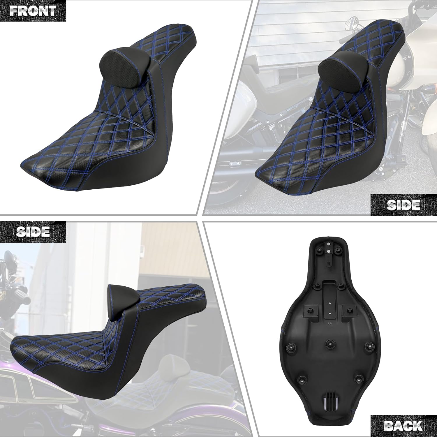 HDBUBALUS Motorcycle Seat Driver Passenger Seat with Backrests for Harley Low Rider Low Rider S ST 2018-up (Black with blue stitching)