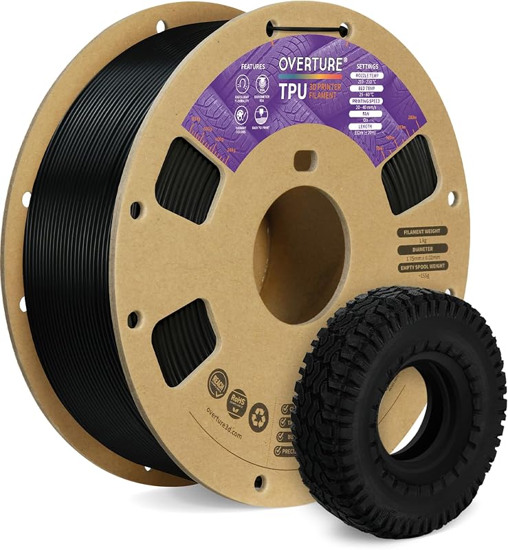 OVERTURE TPU 95A Flexible 3D Printer Filament 1.75mm, 1kg Black | High Elasticity & Durability Filament, 1kg Spool (2.2lbs), Fit Most FDM Printer (Black)