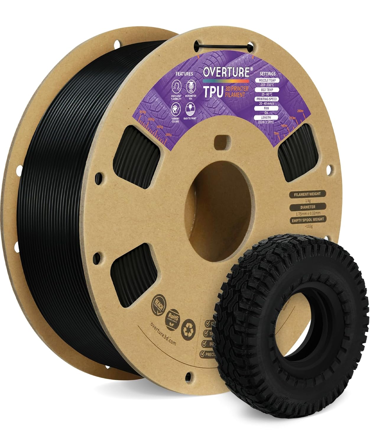 OVERTURE TPU Filament 1 75mm Flexible Roll 95A Soft 3D Printer Filament 1kg Spool 2 2 lbs Fit