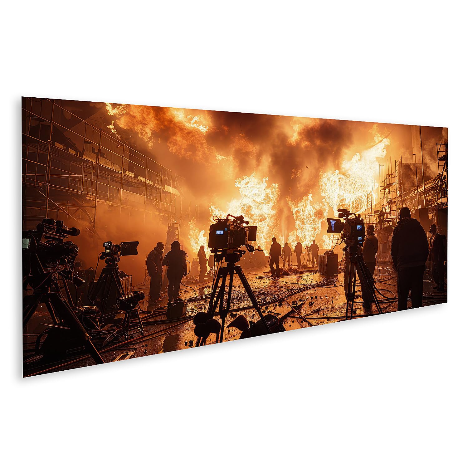 islandburner Primer cuadro sobre lienzo equipo de película filmando escena de fuego simulada por la noche con efectos controlados y cámaras imágenes murales póster