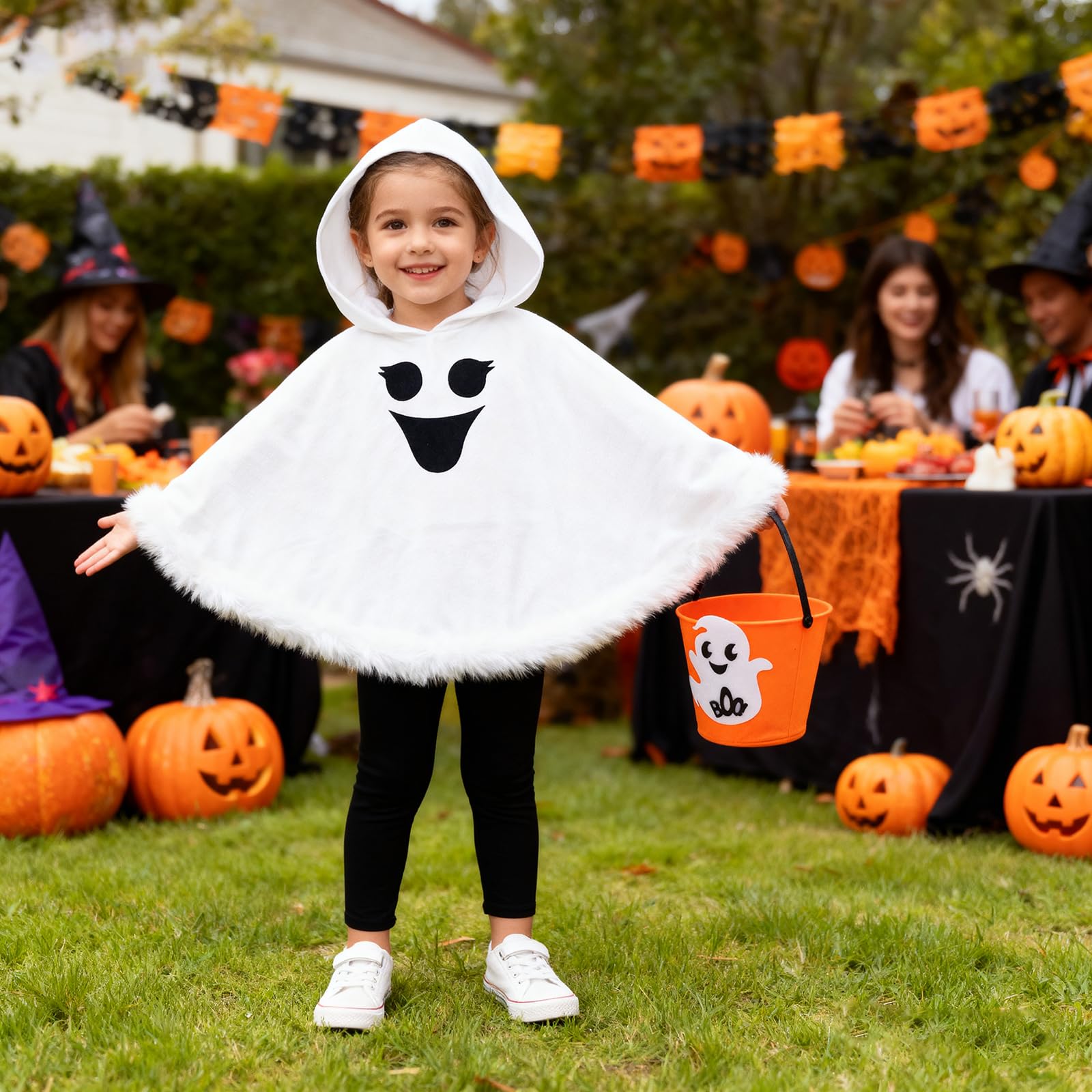 Toddler Baby Boys Girls Ghost Costume Kids Halloween Ghost Face Hooded Cloak Costume Party Boo Ghost Outfit for ages 5-6 Years,White Cloak+Pants+Pumpkin Basket Set - Image 2