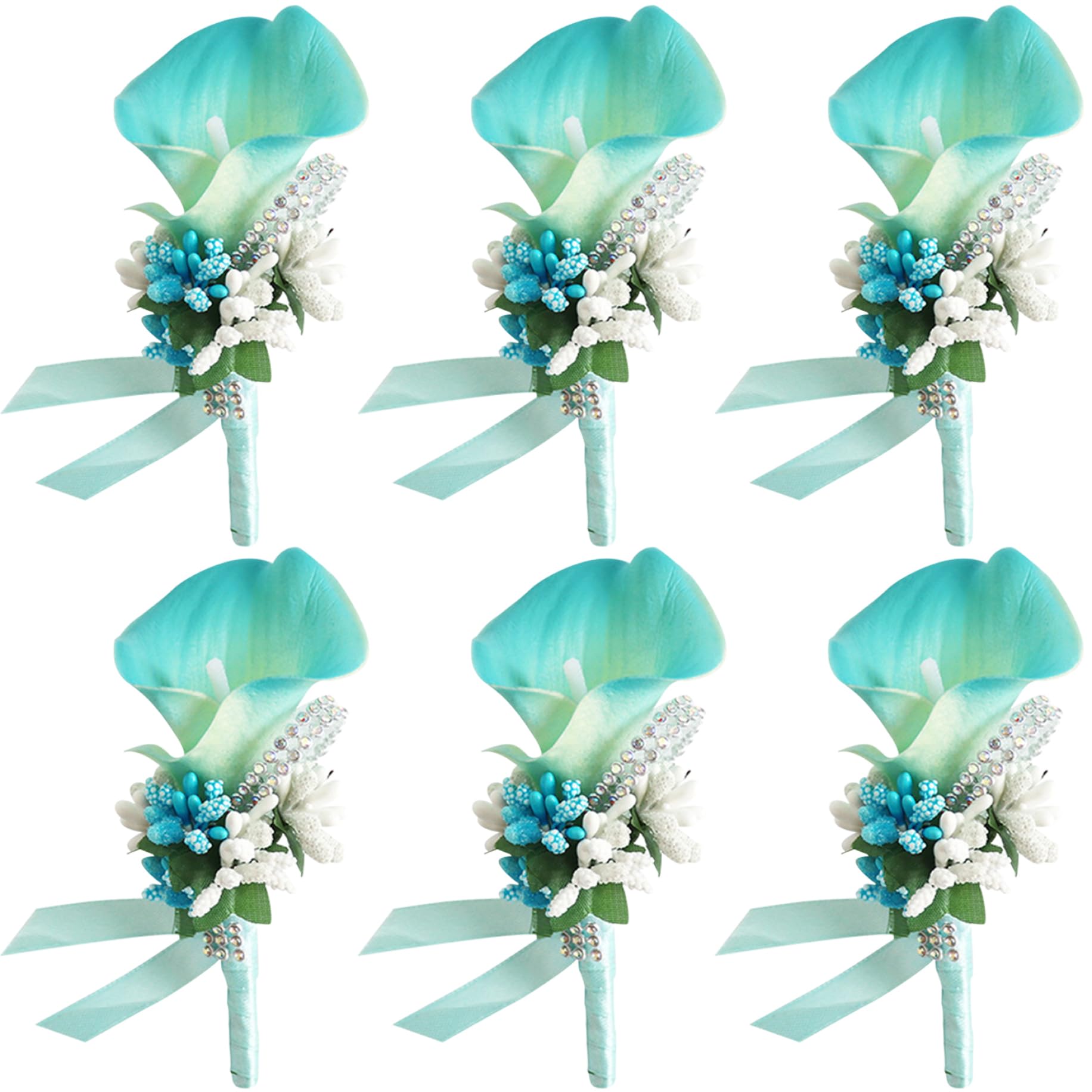 6pcs Novio boutonniere, boutonniere para Hombres Azul Cala Lily boutonniere boutonniere para Fiestas decoración de Bodas de graduación, Verde Azulado