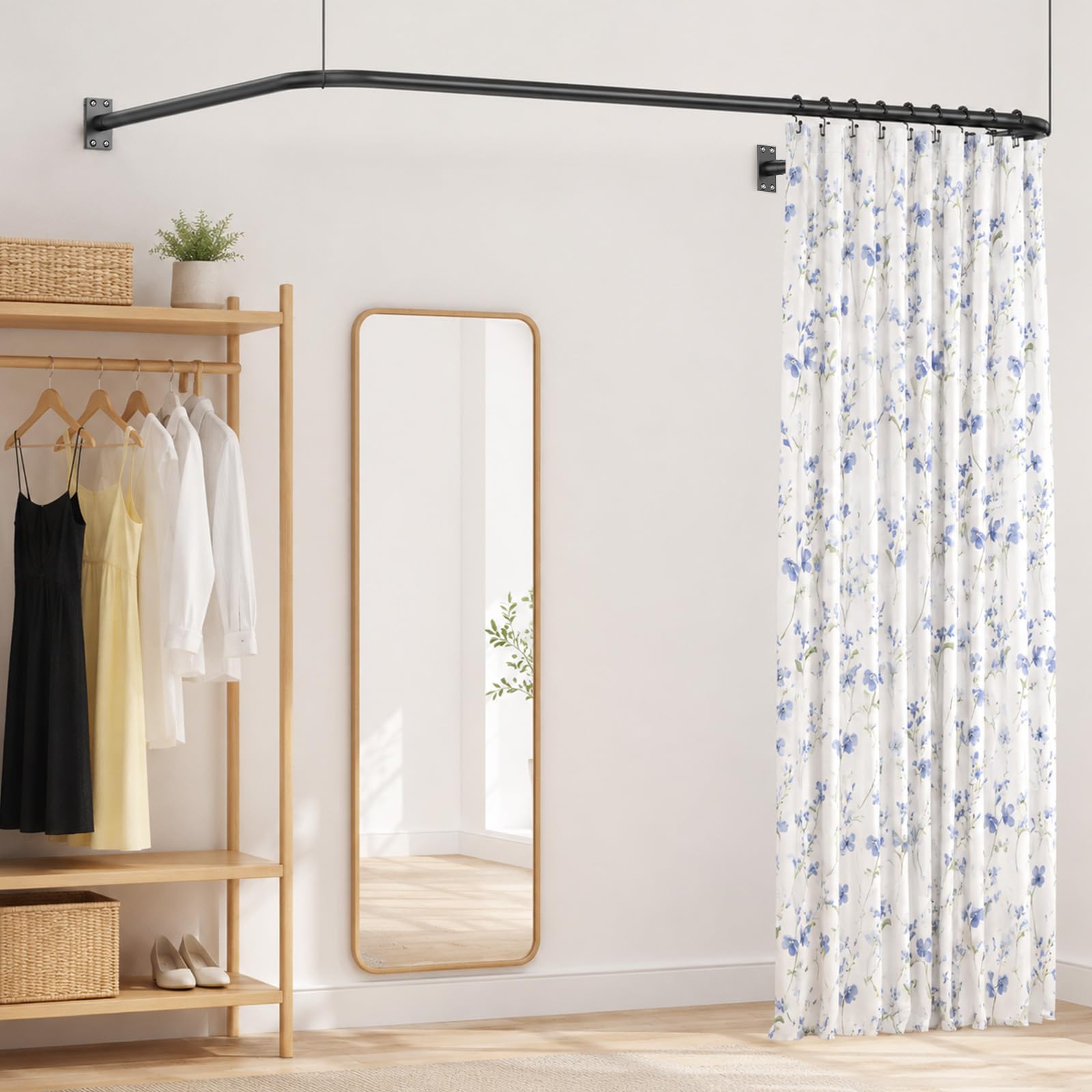 Barre de rideau de douche en forme de U/L [75-78x150-190x75-78] cm | barre de douche d'angle réglable incl. 20 anneaux de rideau, barre de douche d'angle pour baignoire noire