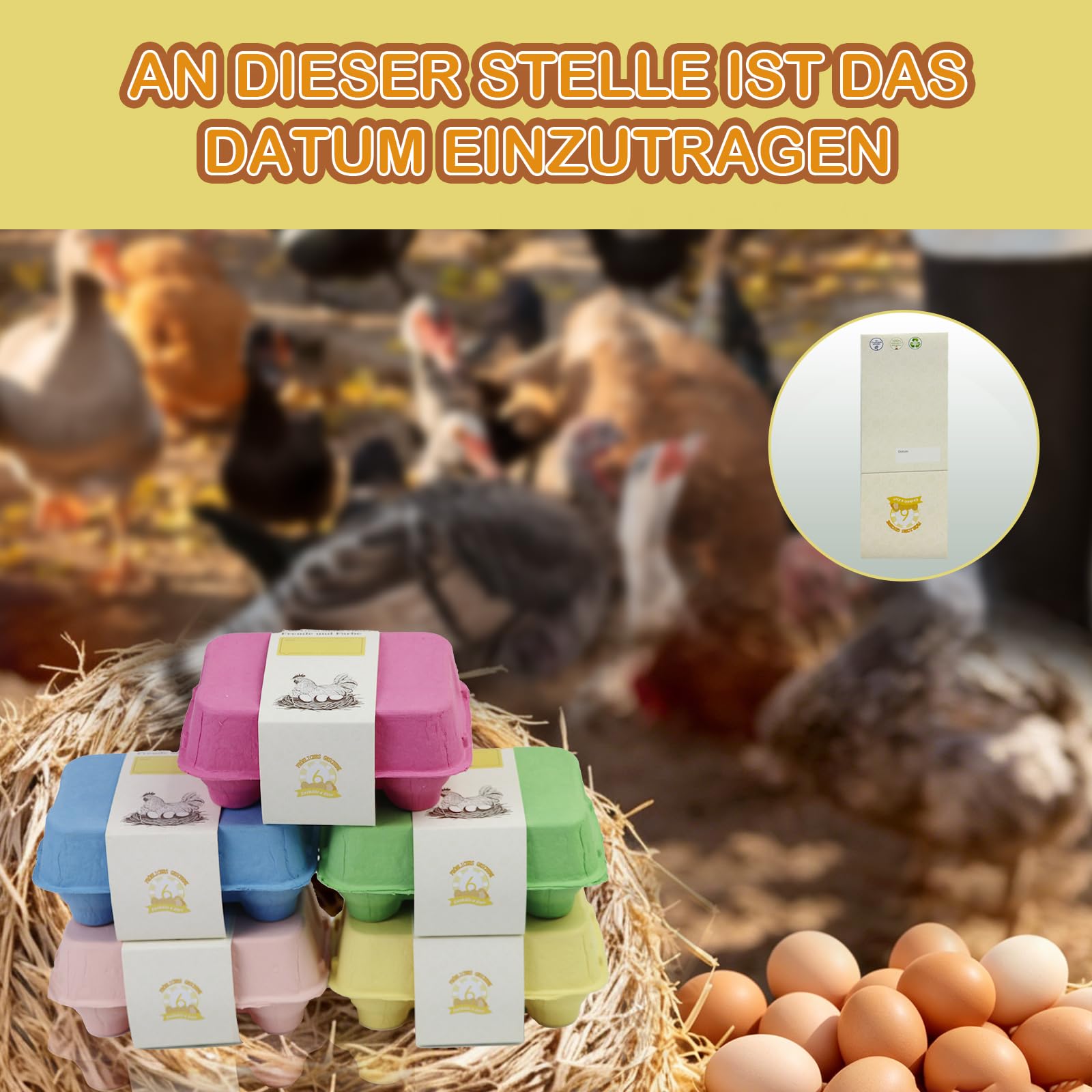 Mervino Eierkarton mit beschriftbarem Gürtel, bunte 6er Eierschachtel aus festem Naturzellstoffpapier - wiederverwendbar für DIY Ostern, Handwerk & Aufbewahrung von Hühner- und Enteneiern (15)