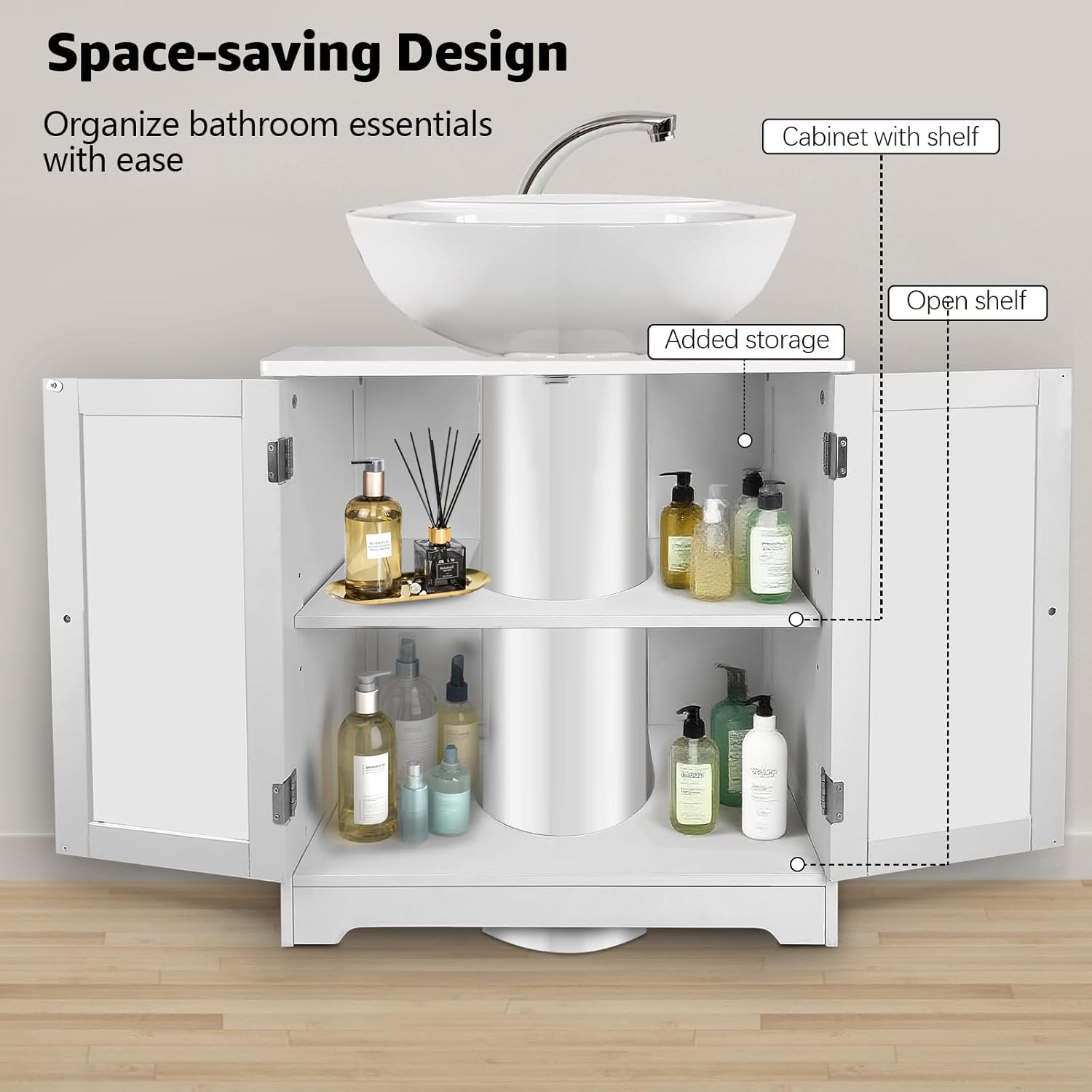 Pedestal Sink Storage Cabinet with Door and Shelf, Under Sink Cabinet, Bathroom Sink Cabinet with U-Shape, White