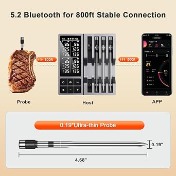 Smart Wireless Meat Thermometer with 4 Probes & 800ft Range, Bluetooth Grill Food Thermometer, Digital Backlit Screen, 0.5S Instant Read, NIST 0.5F Accuracy for Kitchen BBQ, Oven, Smoker, Air Fryer